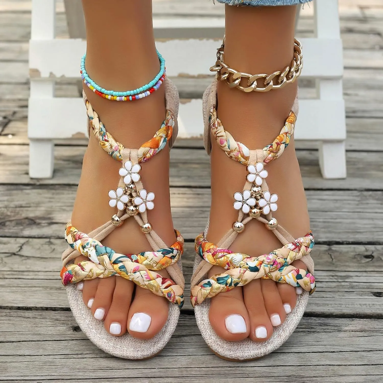 Summer Sandals for Women 2025 Trendy T-Strap Buckle Bohemian Crystal Flats Low Heeled Wide Width Platform Comfort Walking Non Slip Casual Beach Ankle Elastic Woven Sandal Shoes