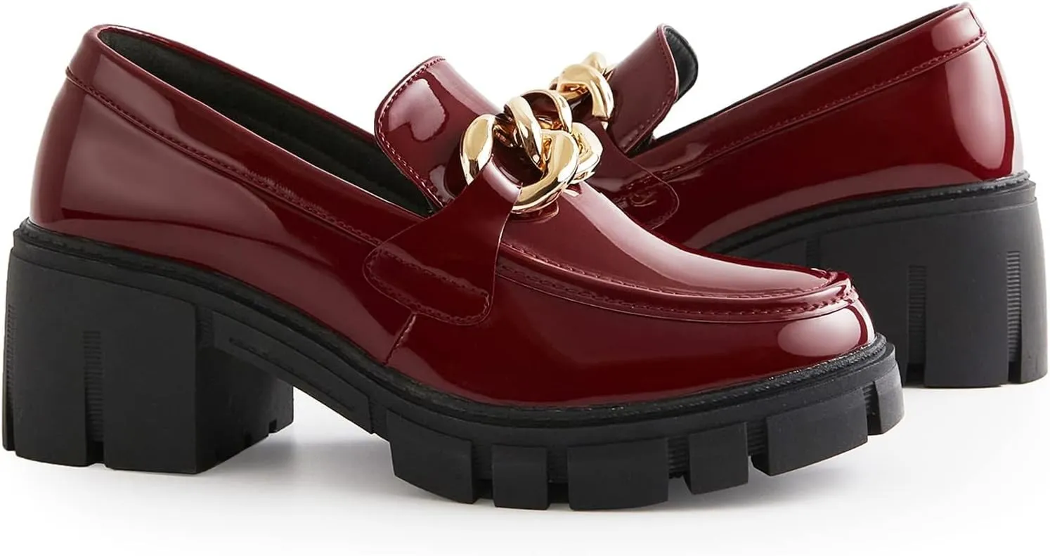 TINSTREE Platform Loafers for Women with Chain Comfort Chunky Heel Slip On Round Toe Business Work Shoes