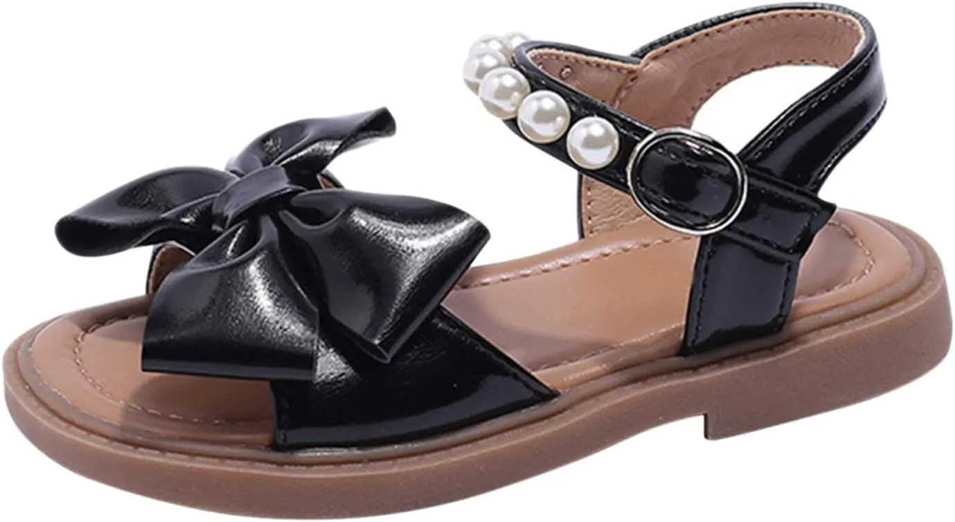 Toddler Kids Girl Open-toe Casual Sandal Low Heel Hook & Loop Buckle Bow Soft Rubber Sole Party Dress Shoes