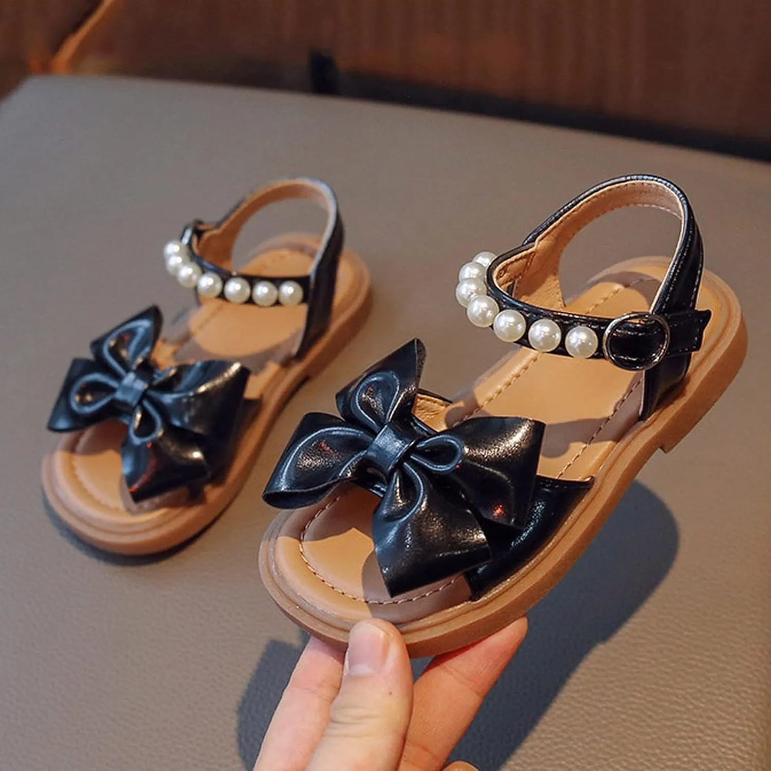 Toddler Kids Girl Open-toe Casual Sandal Low Heel Hook & Loop Buckle Bow Soft Rubber Sole Party Dress Shoes