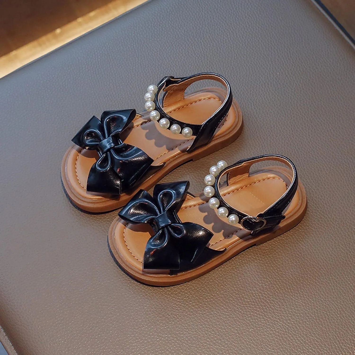 Toddler Kids Girl Open-toe Casual Sandal Low Heel Hook & Loop Buckle Bow Soft Rubber Sole Party Dress Shoes