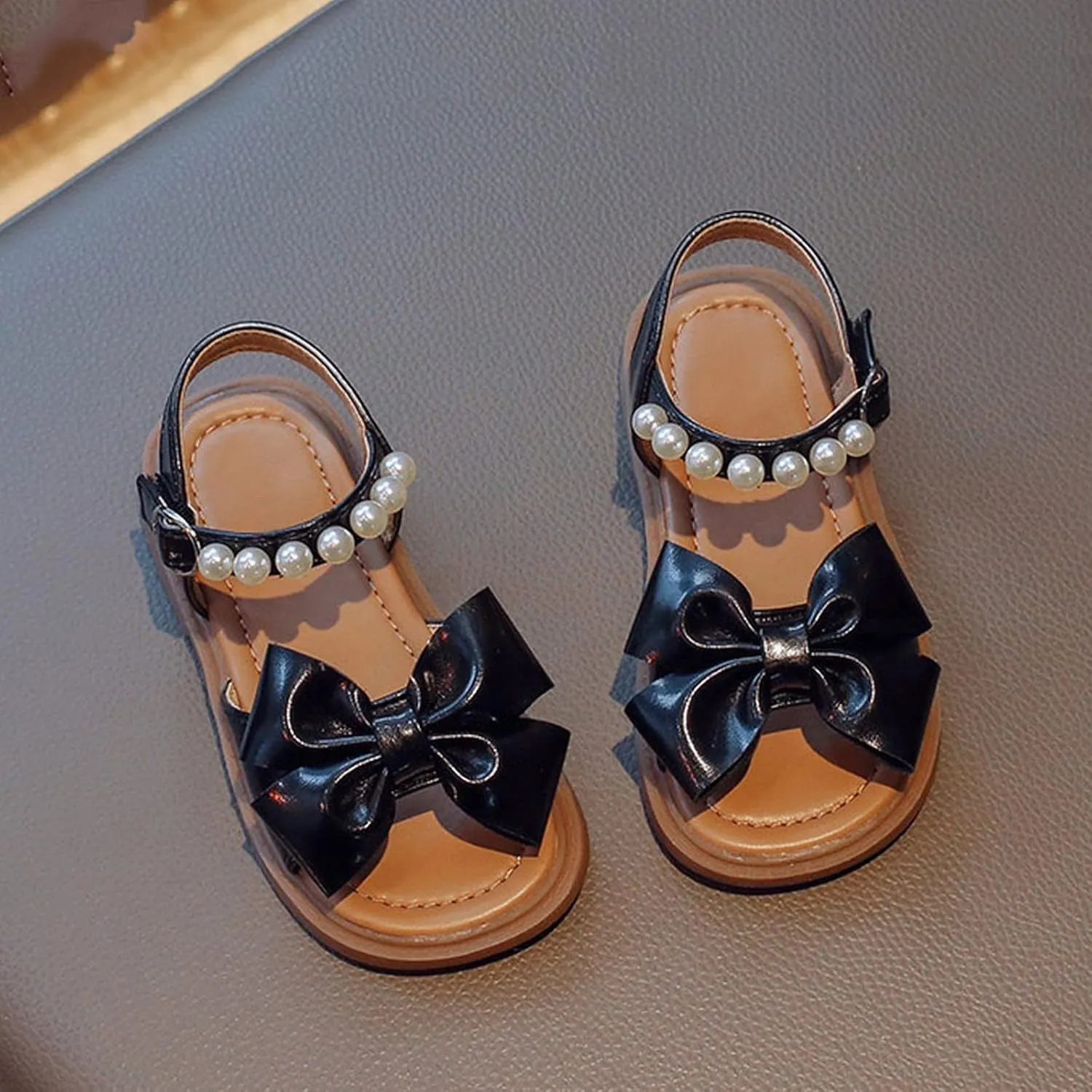 Toddler Kids Girl Open-toe Casual Sandal Low Heel Hook & Loop Buckle Bow Soft Rubber Sole Party Dress Shoes
