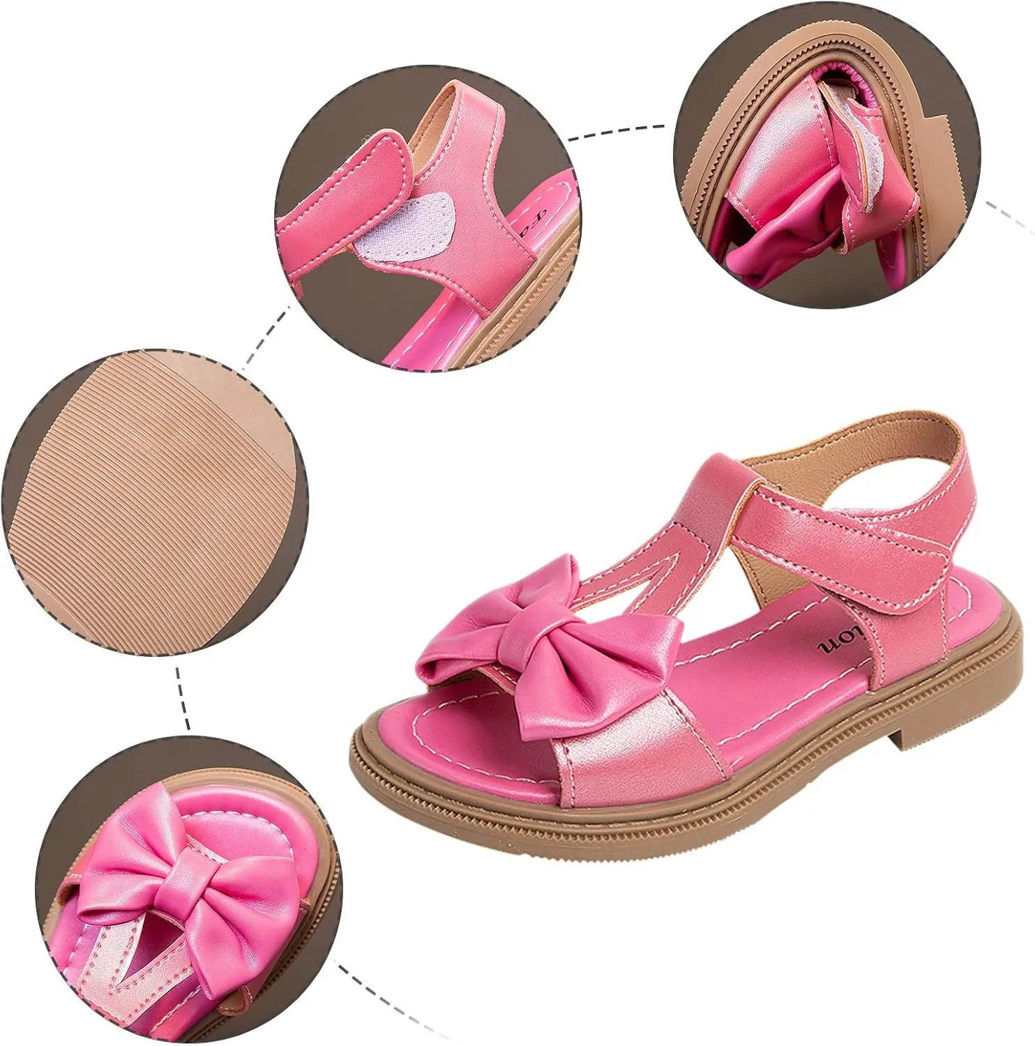 Toddler Kids Girl Open-toe Casual Solid Sandal Low Heel Hook & Loop Bow Soft Rubber Sole Party Dress Shoes