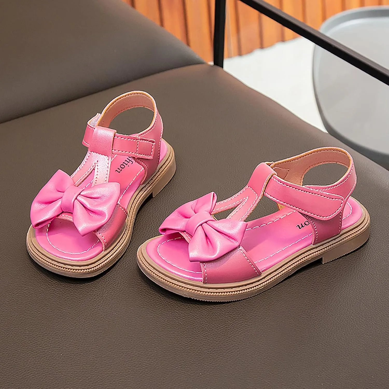 Toddler Kids Girl Open-toe Casual Solid Sandal Low Heel Hook & Loop Bow Soft Rubber Sole Party Dress Shoes