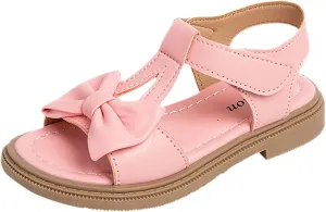 Toddler Kids Girl Open-toe Casual Solid Sandal Low Heel Hook & Loop Bow Soft Rubber Sole Party Dress Shoes