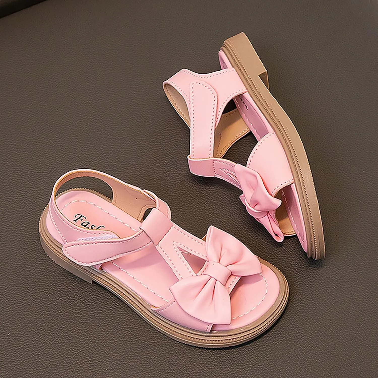 Toddler Kids Girl Open-toe Casual Solid Sandal Low Heel Hook & Loop Bow Soft Rubber Sole Party Dress Shoes
