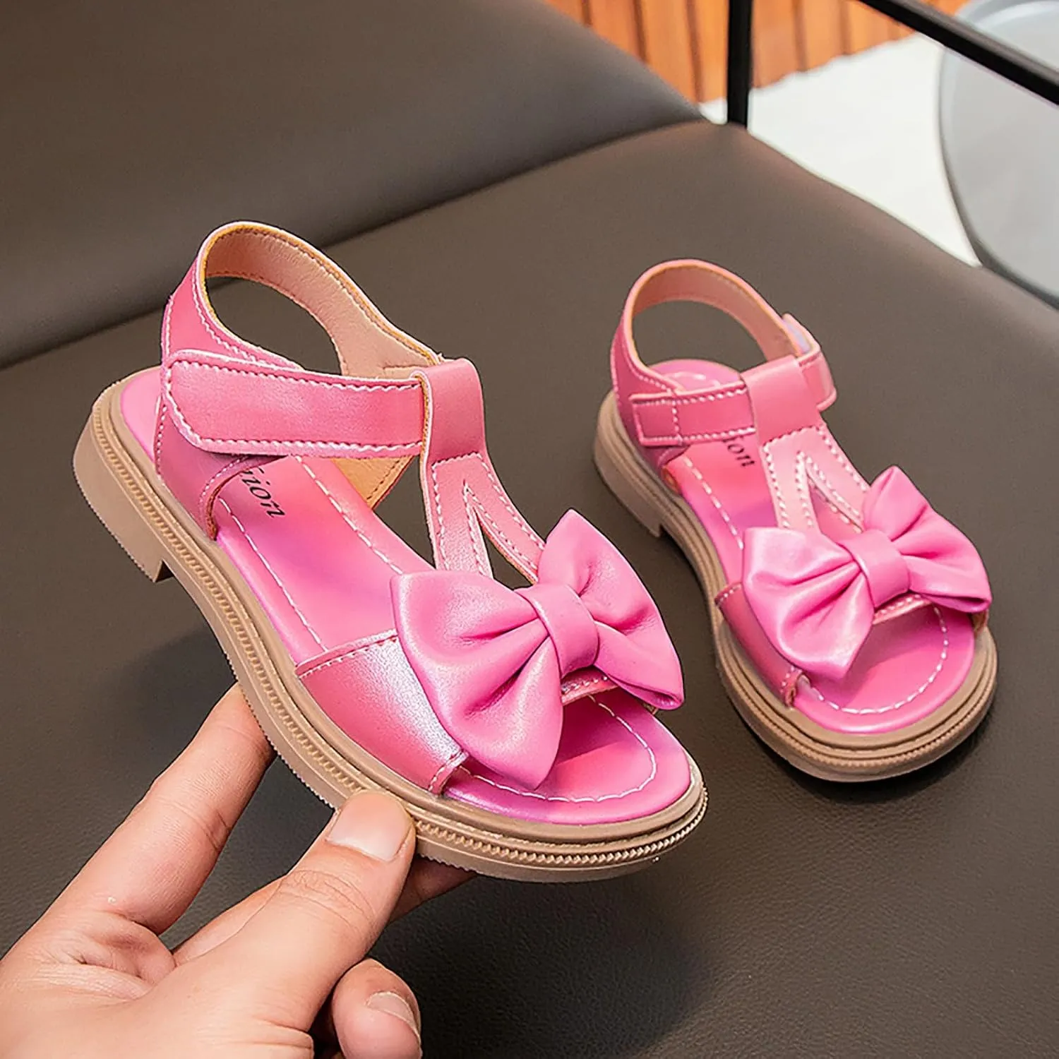 Toddler Kids Girl Open-toe Casual Solid Sandal Low Heel Hook & Loop Bow Soft Rubber Sole Party Dress Shoes