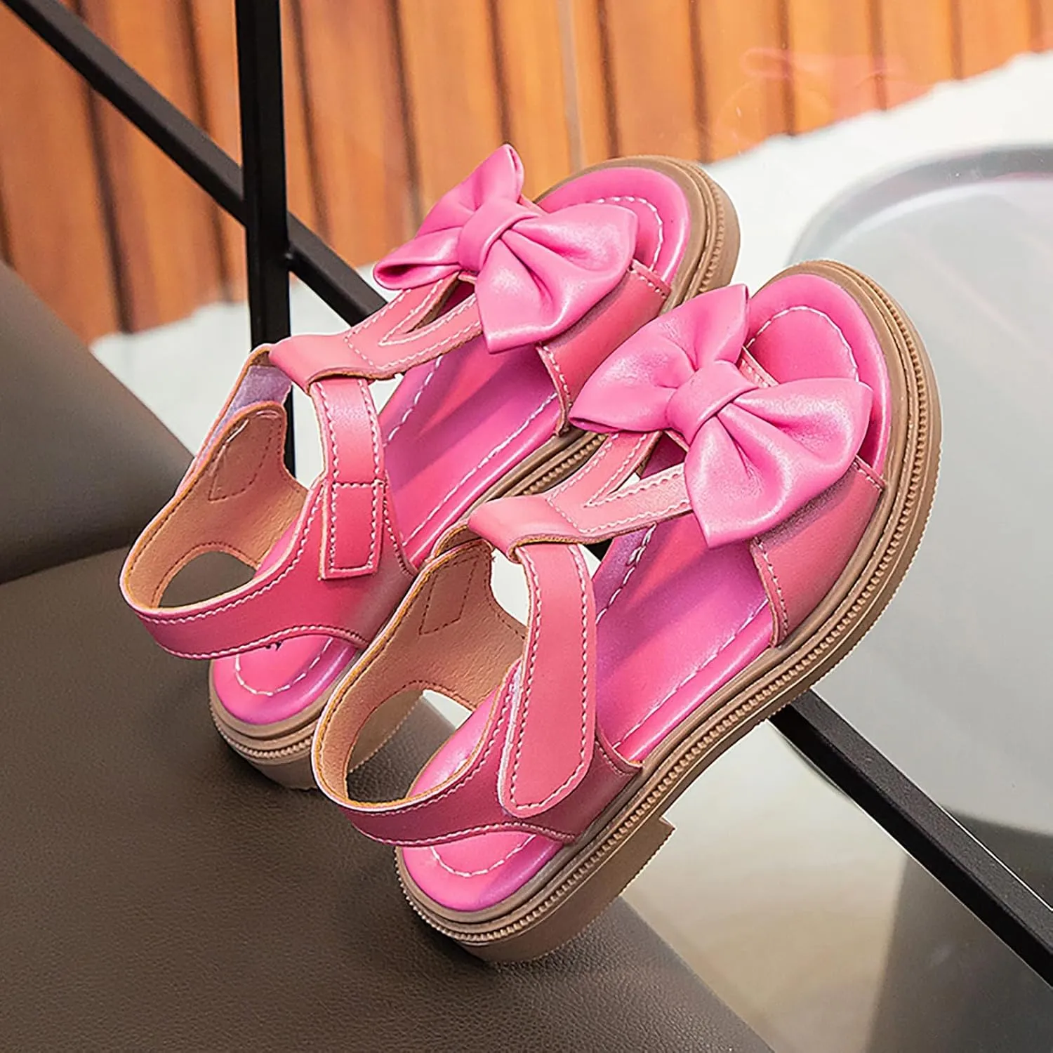 Toddler Kids Girl Open-toe Casual Solid Sandal Low Heel Hook & Loop Bow Soft Rubber Sole Party Dress Shoes