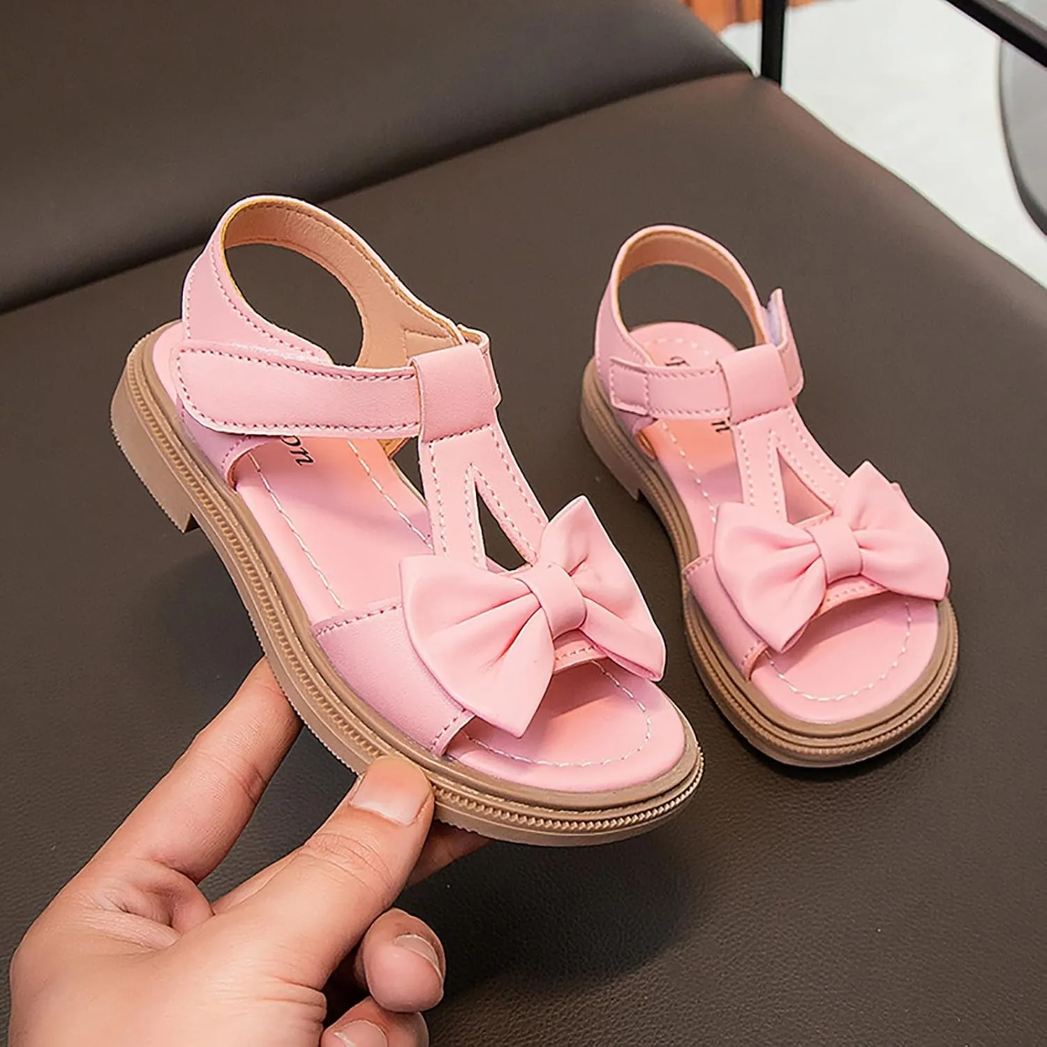 Toddler Kids Girl Open-toe Casual Solid Sandal Low Heel Hook & Loop Bow Soft Rubber Sole Party Dress Shoes