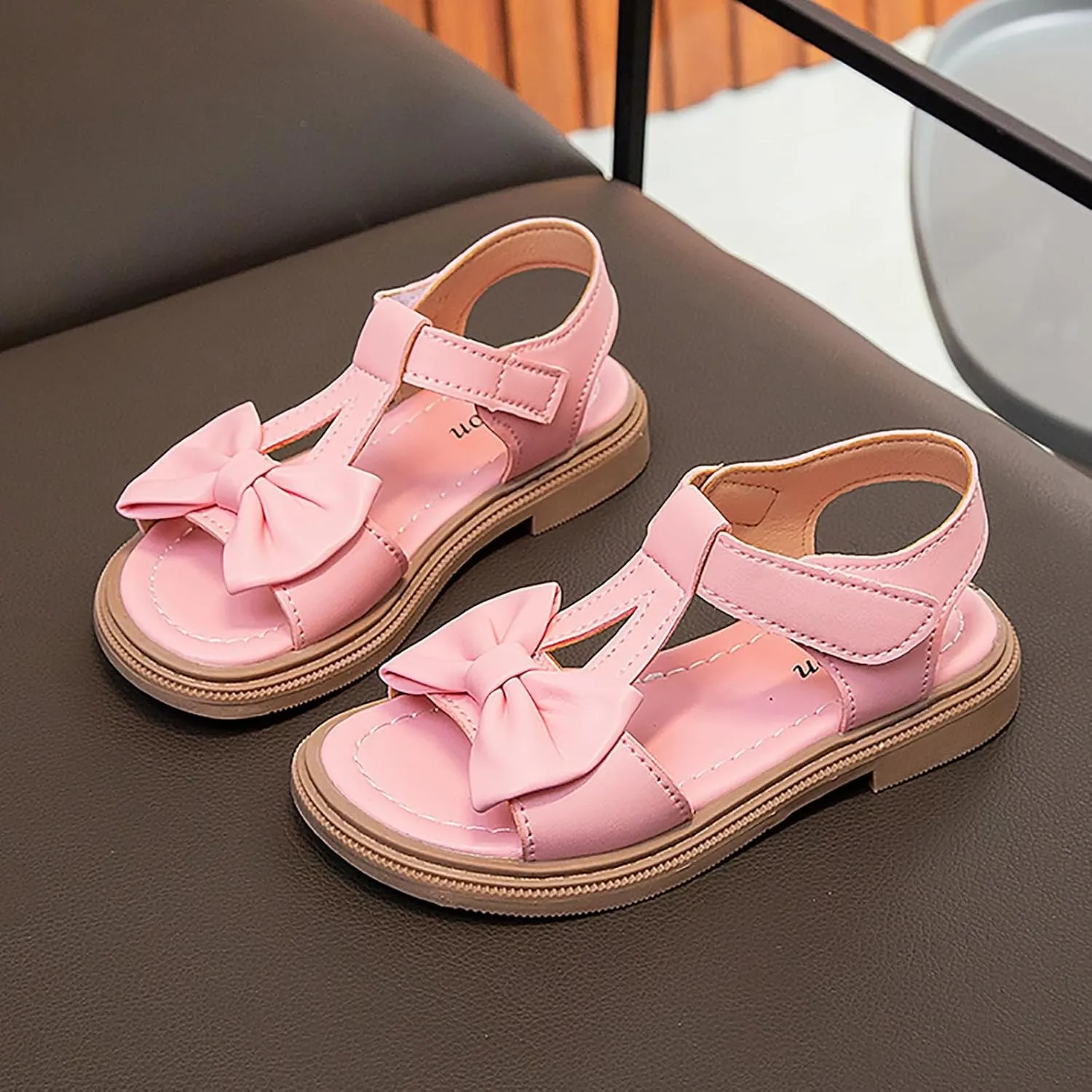 Toddler Kids Girl Open-toe Casual Solid Sandal Low Heel Hook & Loop Bow Soft Rubber Sole Party Dress Shoes
