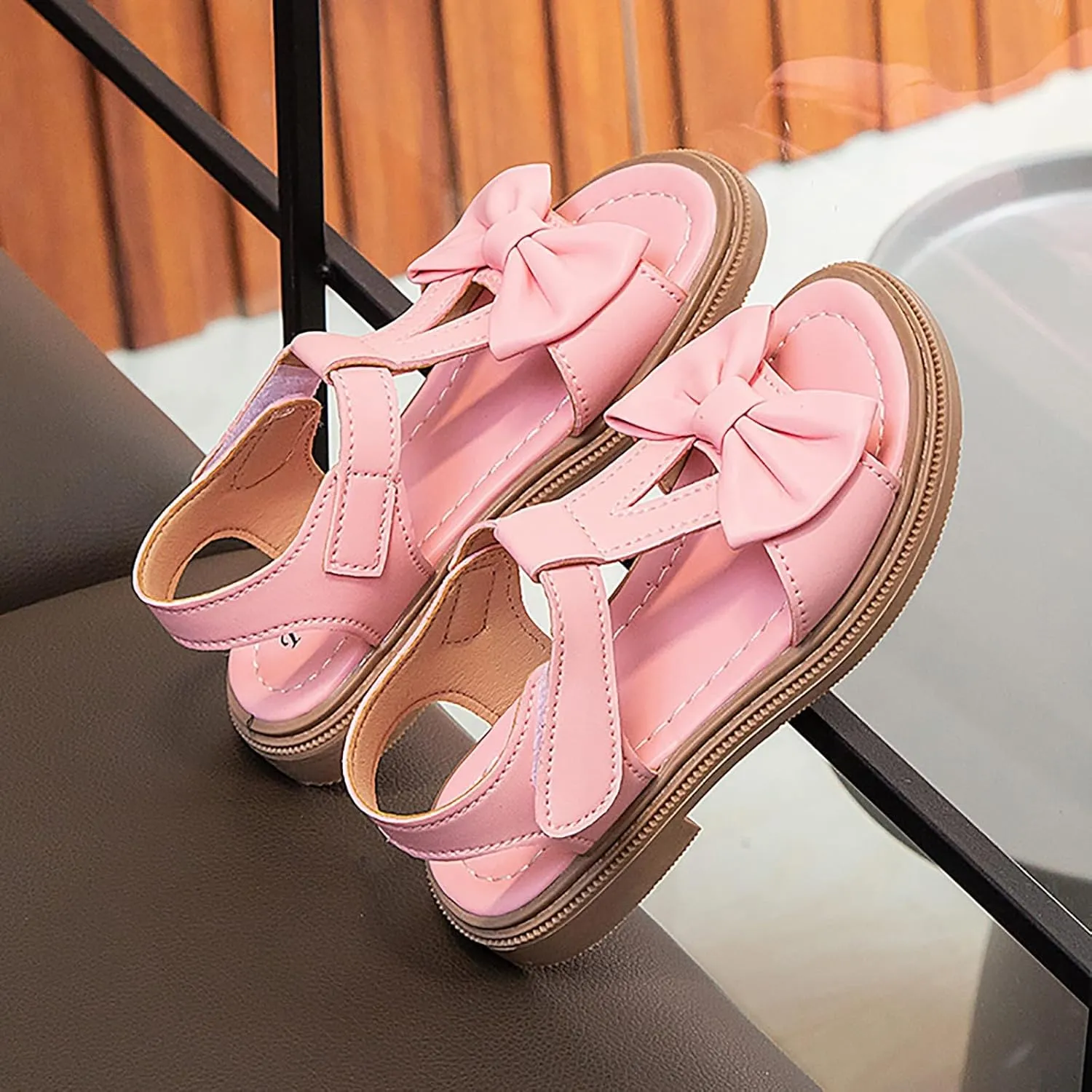 Toddler Kids Girl Open-toe Casual Solid Sandal Low Heel Hook & Loop Bow Soft Rubber Sole Party Dress Shoes