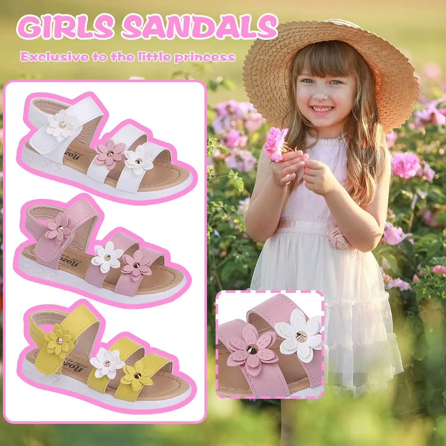 Toddler Little Girls Open Toe Strap Flowers Sandals Summer Beach Non-Slip Shoes Rubber Soft Sole Princess Flats