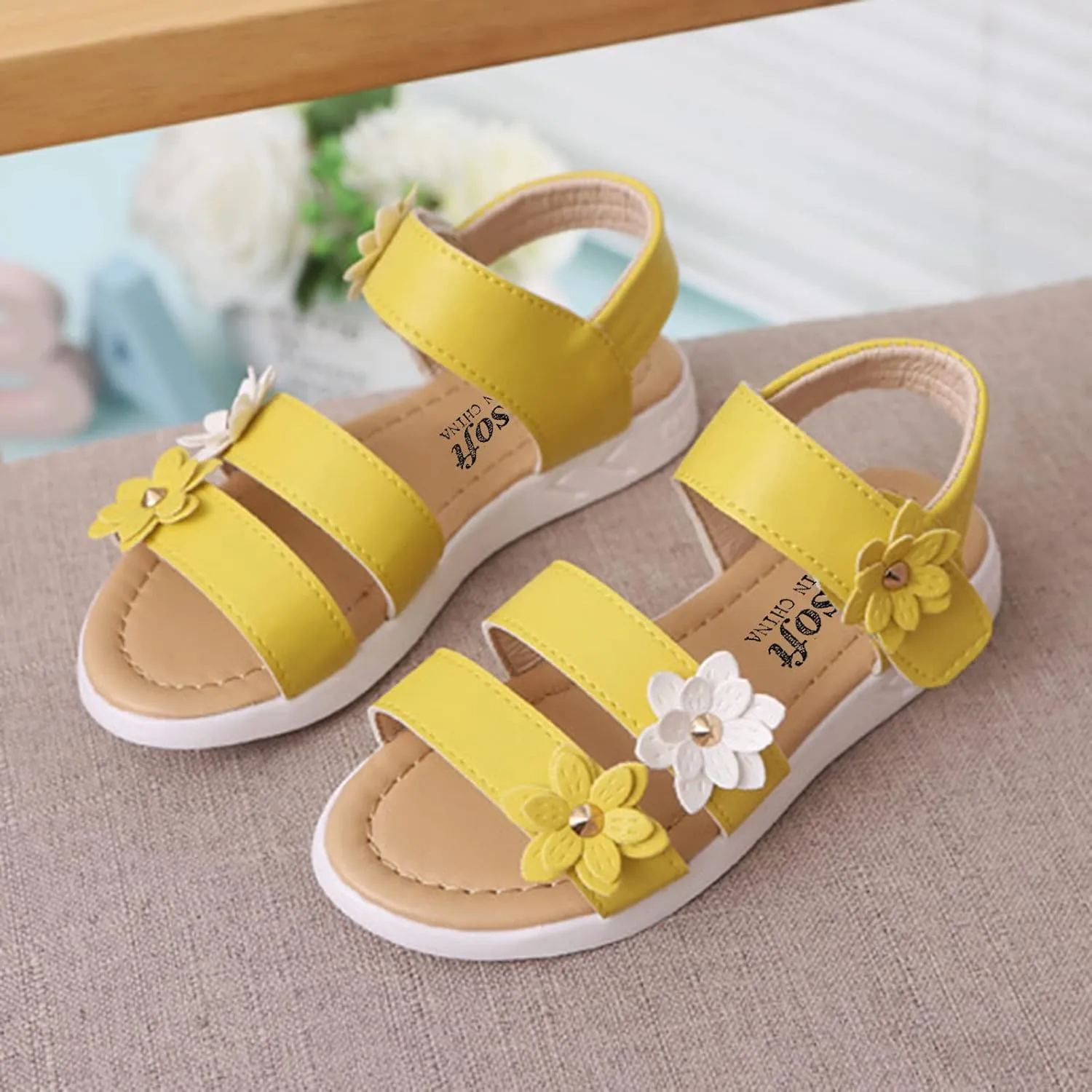 Toddler Little Girls Open Toe Strap Flowers Sandals Summer Beach Non-Slip Shoes Rubber Soft Sole Princess Flats