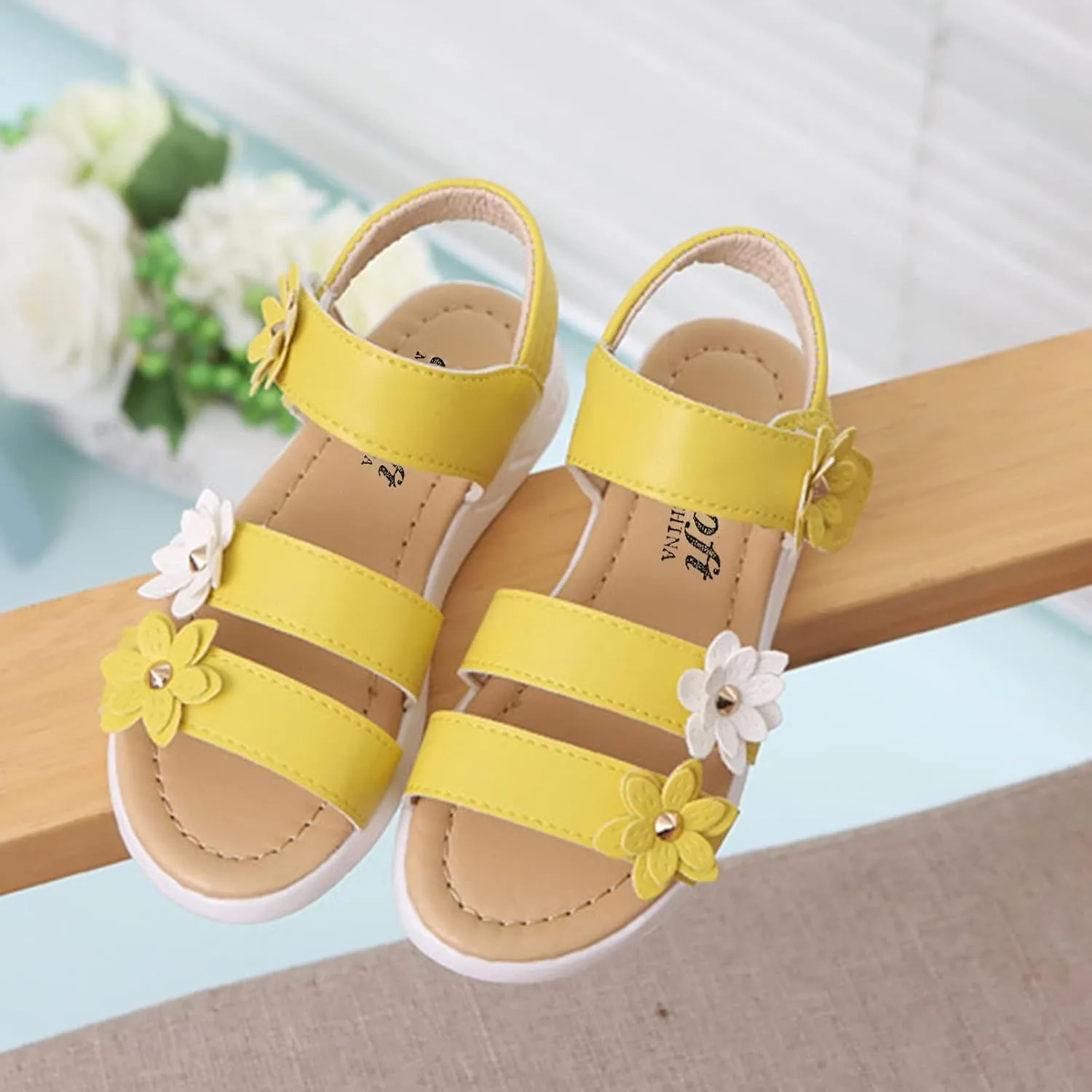 Toddler Little Girls Open Toe Strap Flowers Sandals Summer Beach Non-Slip Shoes Rubber Soft Sole Princess Flats