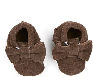 Unisex-Child Mocha Brown Bow Suede & Leather Moccasin Booties