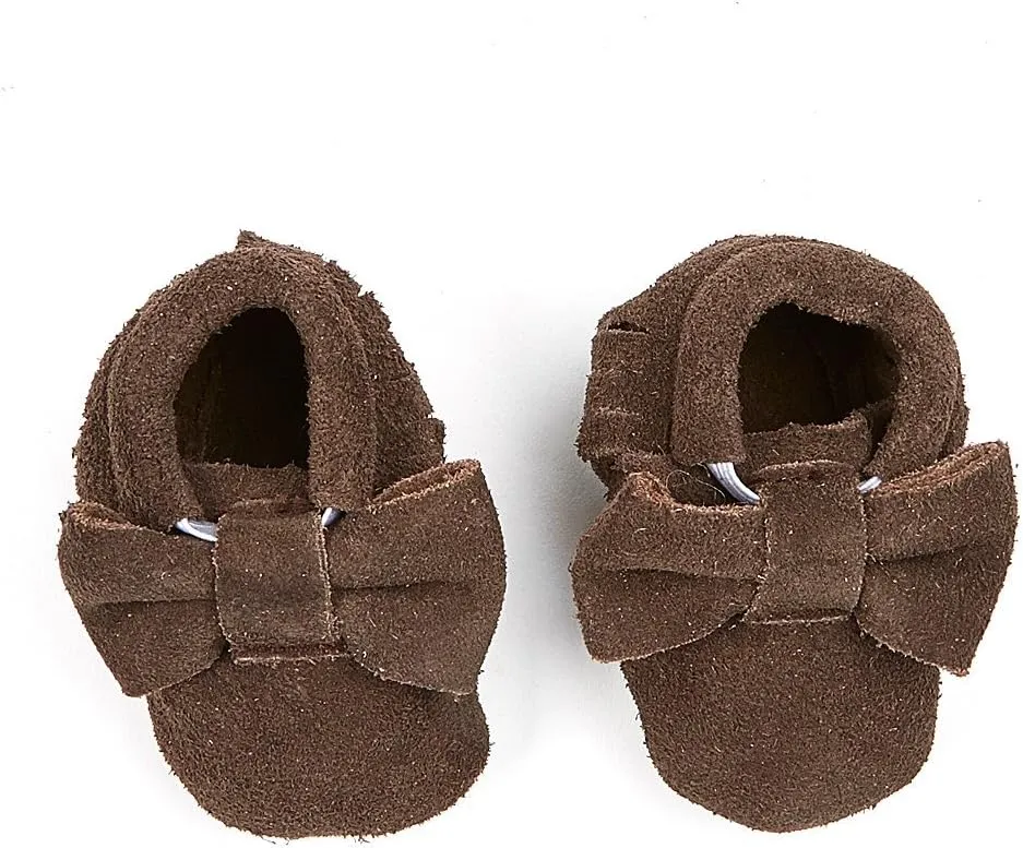 Unisex-Child Mocha Brown Bow Suede & Leather Moccasin Booties