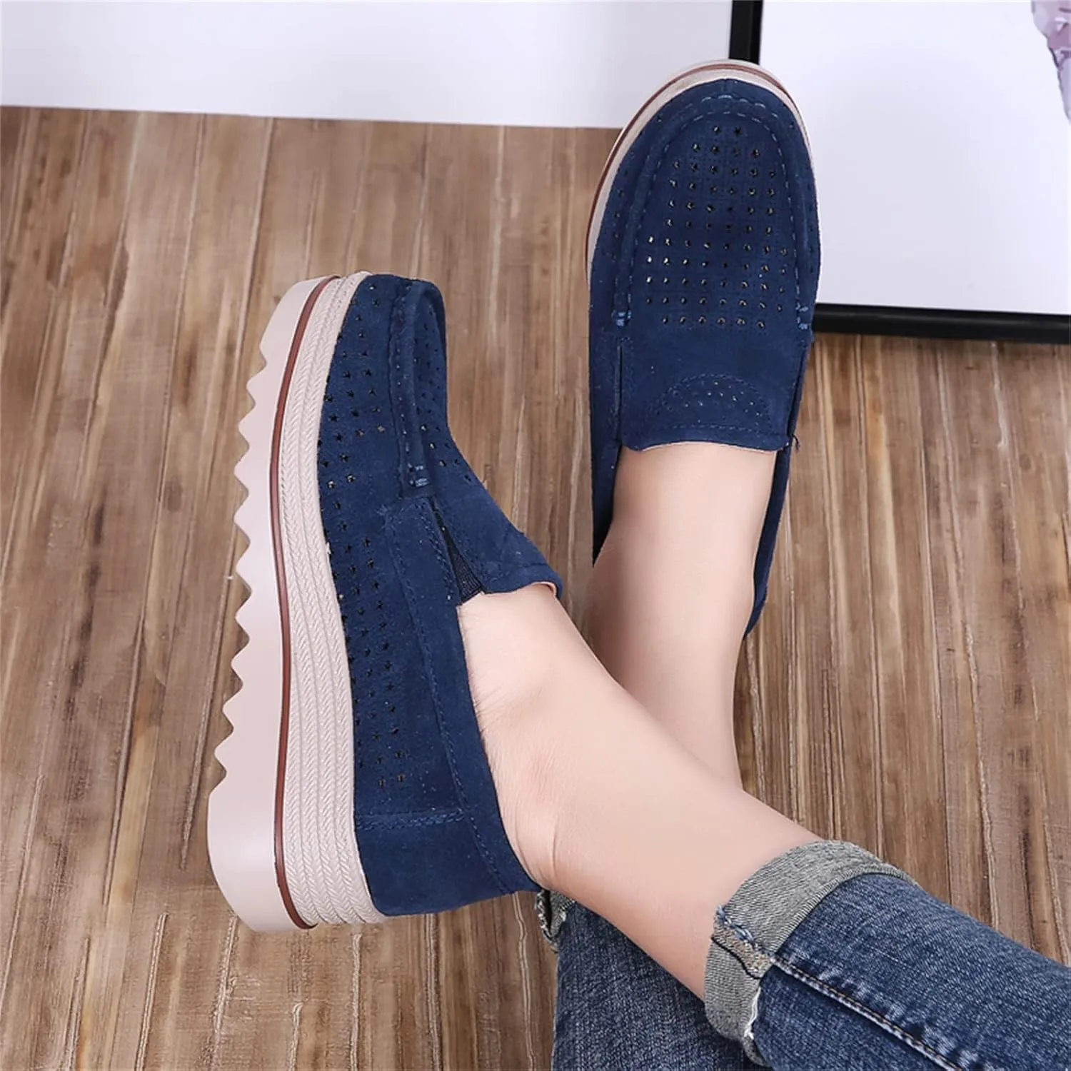 Veroders Women's Suede Wedge Loafers Slip-On Comfortable Penny Loafers Thick Soft Platform Shoes Business Work Walking