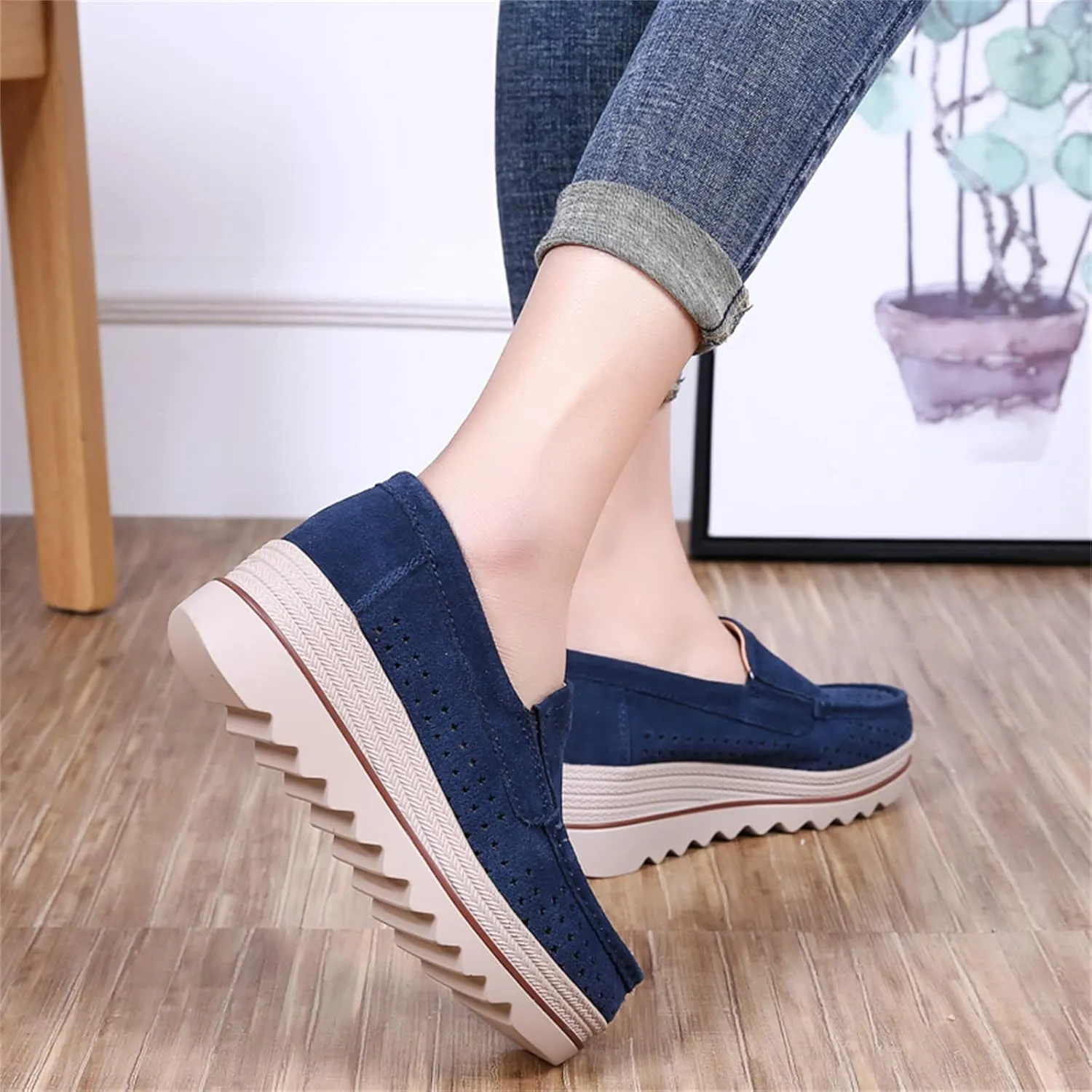 Veroders Women's Suede Wedge Loafers Slip-On Comfortable Penny Loafers Thick Soft Platform Shoes Business Work Walking