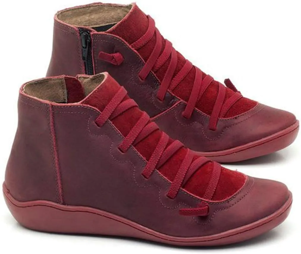 Vintage Women's Ankle Boots - Comfortable Leather Flat Boots With Round Toe and Side Zipper