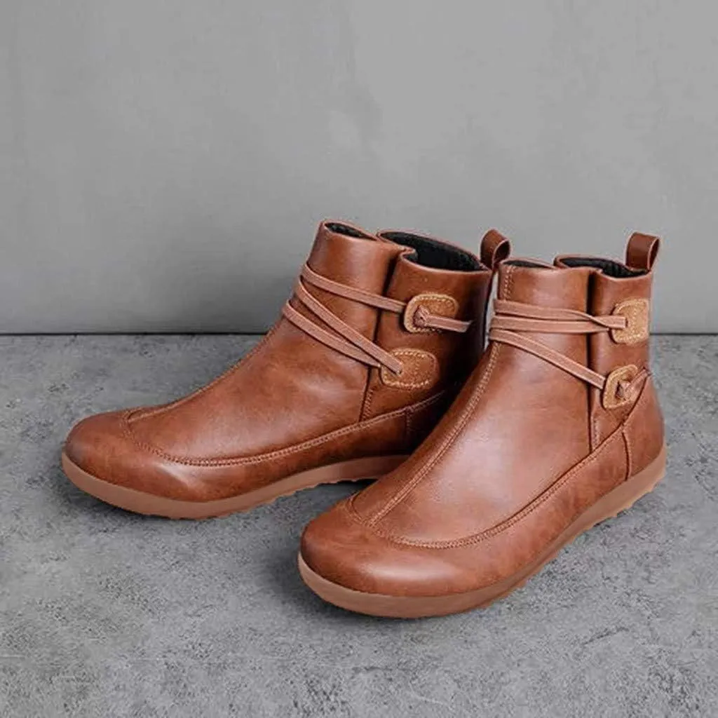 Vintage Women's Ankle Boots - Comfortable Leather Flat Boots With Round Toe and Side Zipper