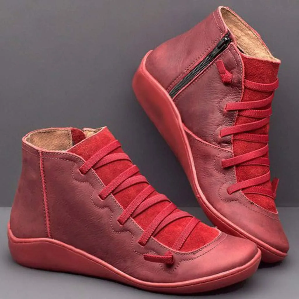 Vintage Women's Ankle Boots - Comfortable Leather Flat Boots With Round Toe and Side Zipper
