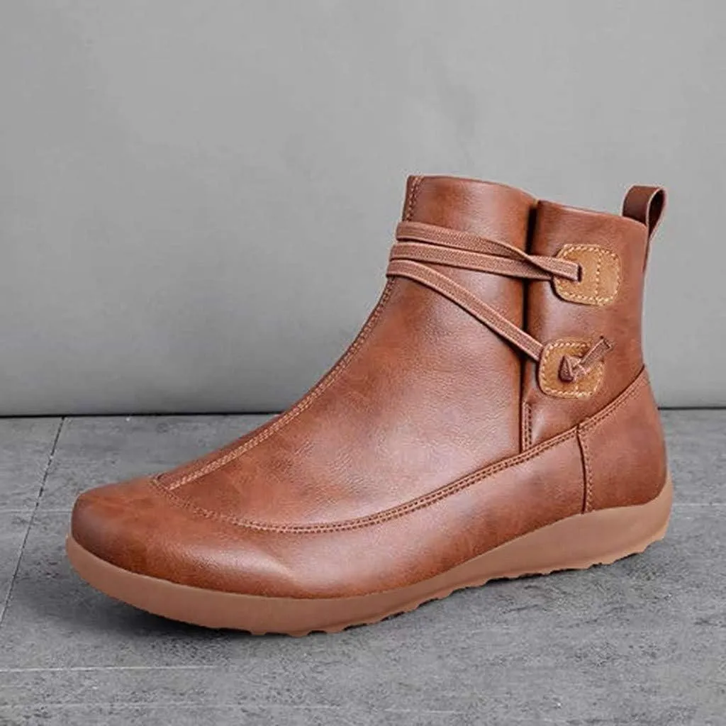 Vintage Women's Ankle Boots - Comfortable Leather Flat Boots With Round Toe and Side Zipper