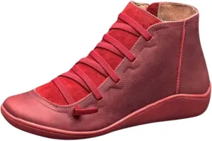 Vintage Women's Ankle Boots - Comfortable Leather Flat Boots With Round Toe and Side Zipper