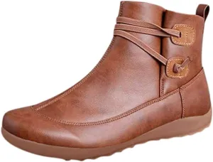 Vintage Women's Ankle Boots - Comfortable Leather Flat Boots With Round Toe and Side Zipper