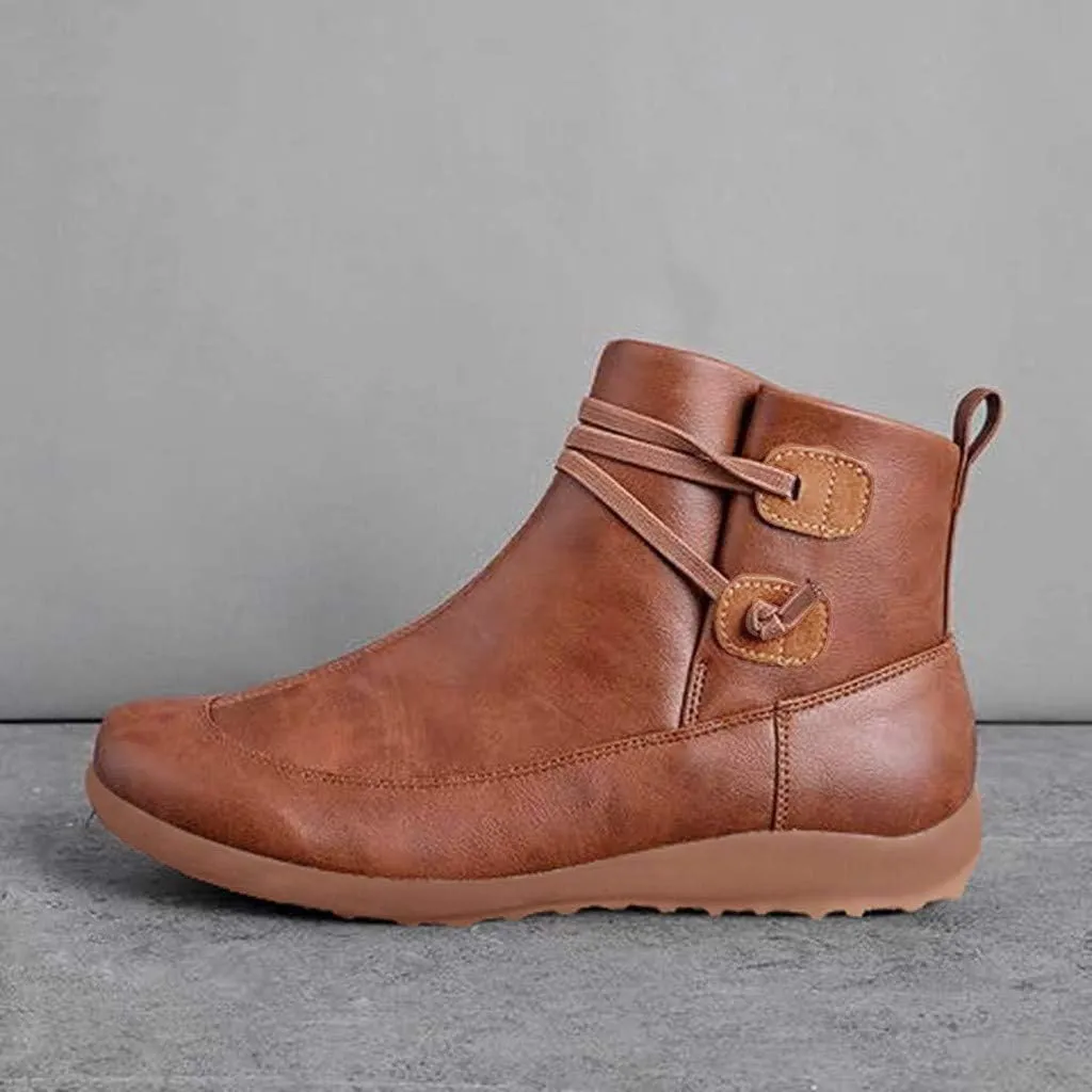 Vintage Women's Ankle Boots - Comfortable Leather Flat Boots With Round Toe and Side Zipper