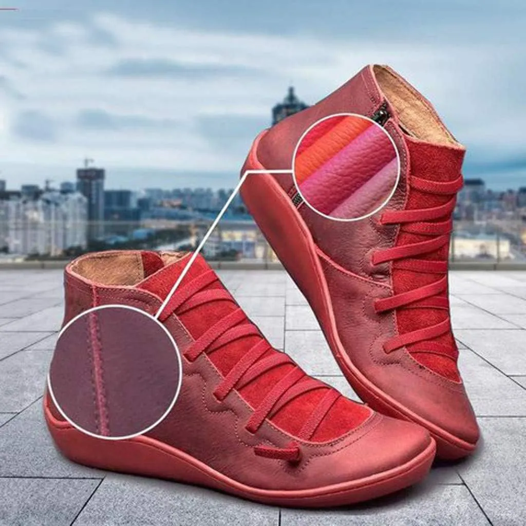 Vintage Women's Ankle Boots - Comfortable Leather Flat Boots With Round Toe and Side Zipper