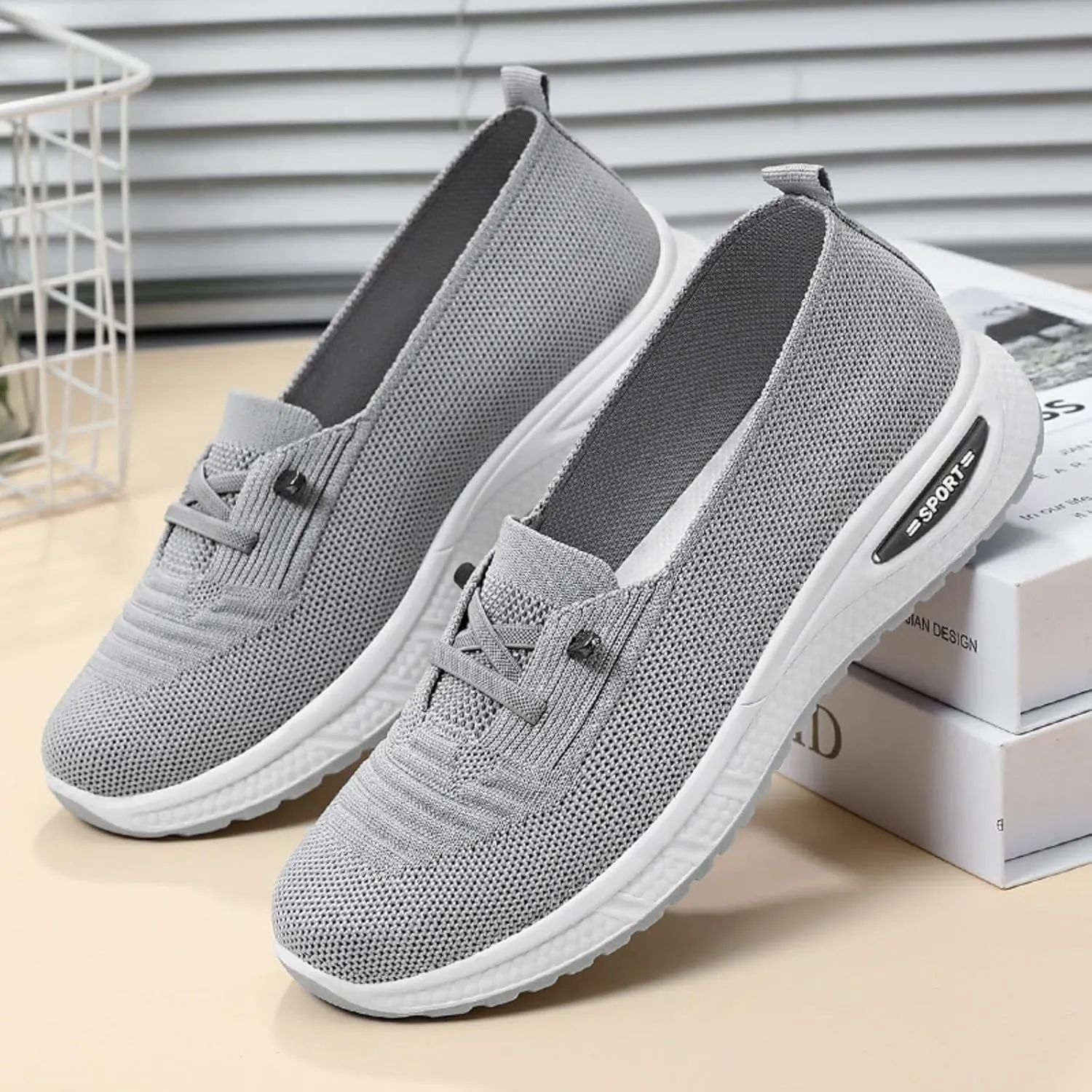 Walking Shoes Women Breathable Knitted Mesh Lightweight Slip-On Loafers Lace Up Orthopedic Soft Sole Non-Slip Outdoor