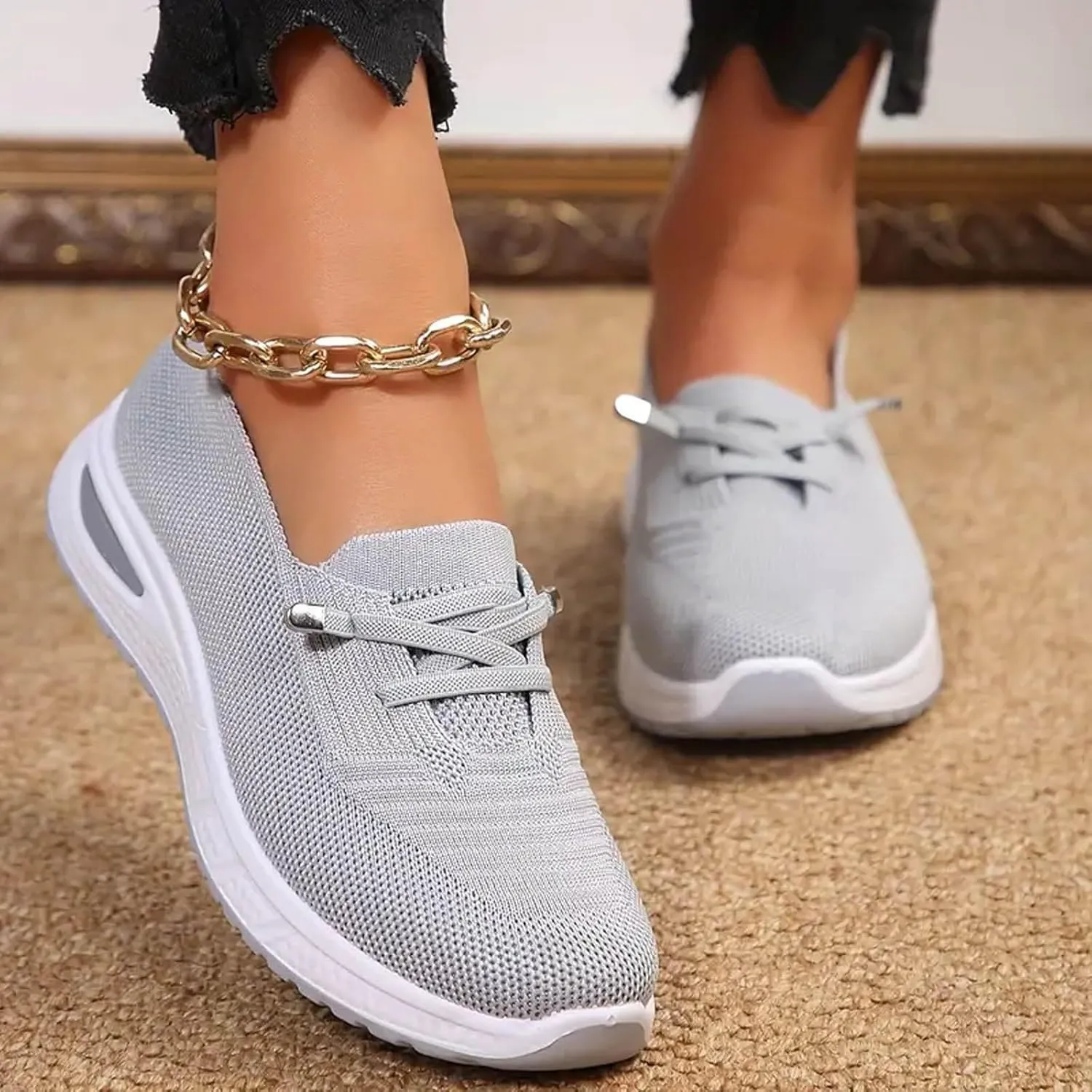 Walking Shoes Women Breathable Knitted Mesh Lightweight Slip-On Loafers Lace Up Orthopedic Soft Sole Non-Slip Outdoor