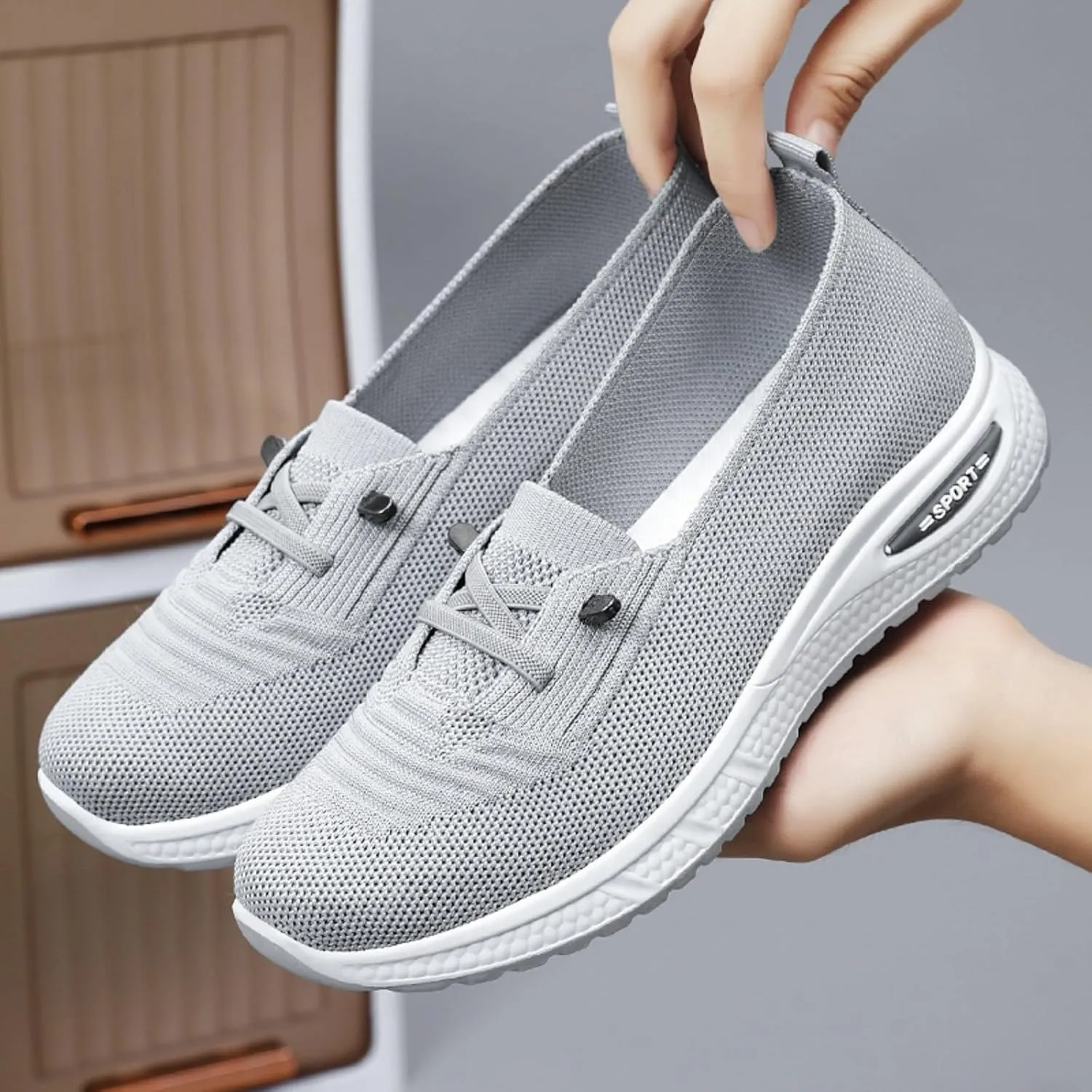 Walking Shoes Women Breathable Knitted Mesh Lightweight Slip-On Loafers Lace Up Orthopedic Soft Sole Non-Slip Outdoor