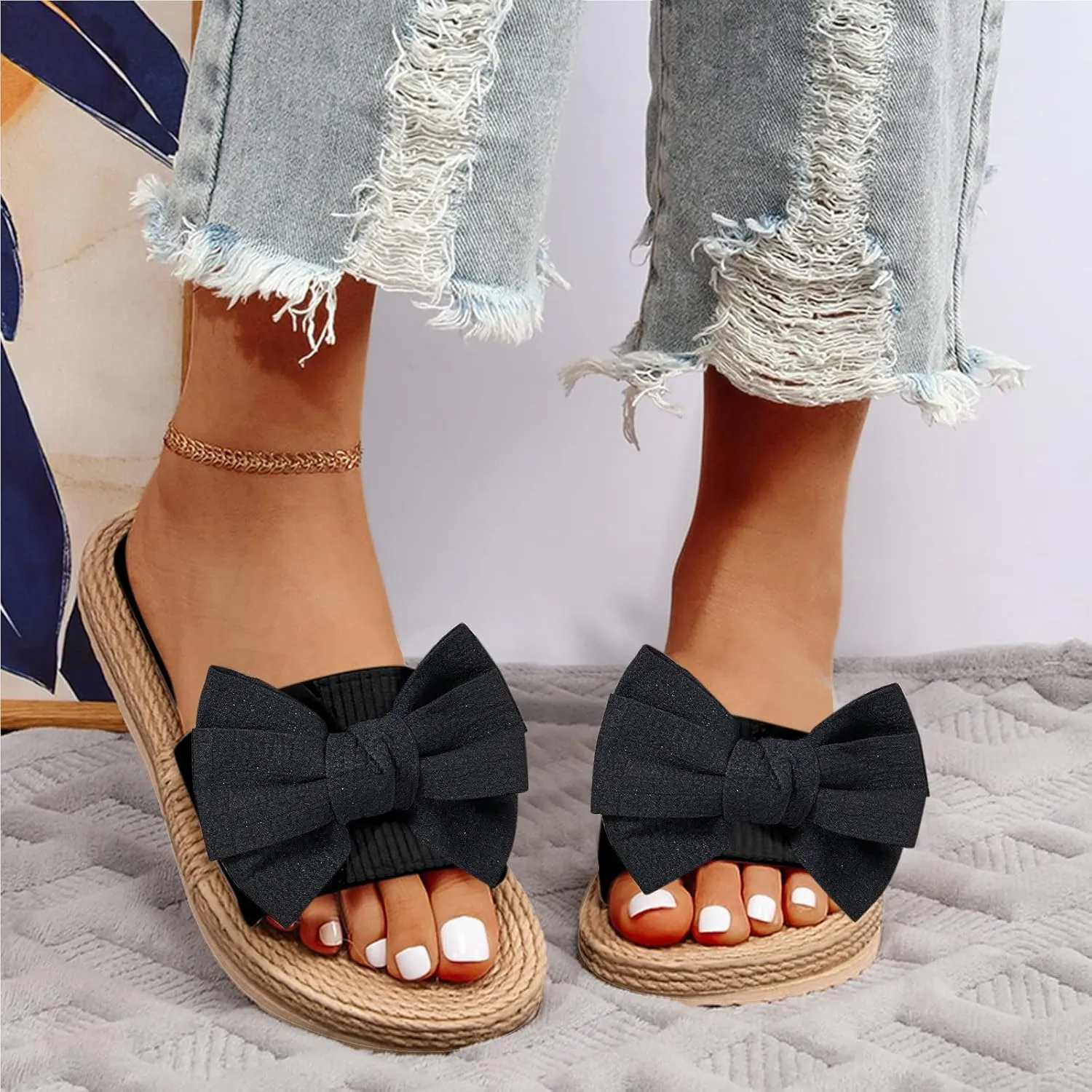 Women Bow Flip Flops Basic Plain Slip On Sandals Versatile soft sole Slides Casual open Toe Beach Casual Slippers
