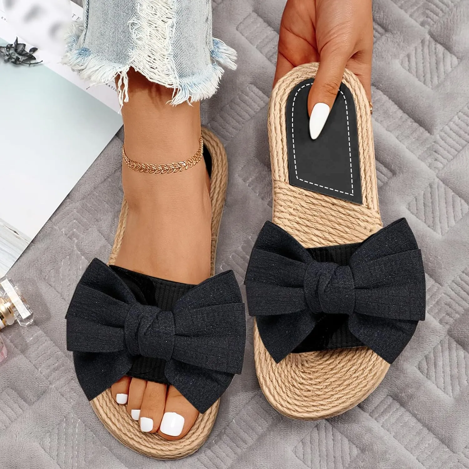 Women Bow Flip Flops Basic Plain Slip On Sandals Versatile soft sole Slides Casual open Toe Beach Casual Slippers