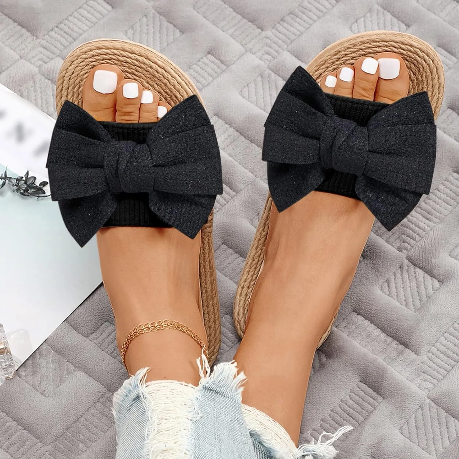 Women Bow Flip Flops Basic Plain Slip On Sandals Versatile soft sole Slides Casual open Toe Beach Casual Slippers