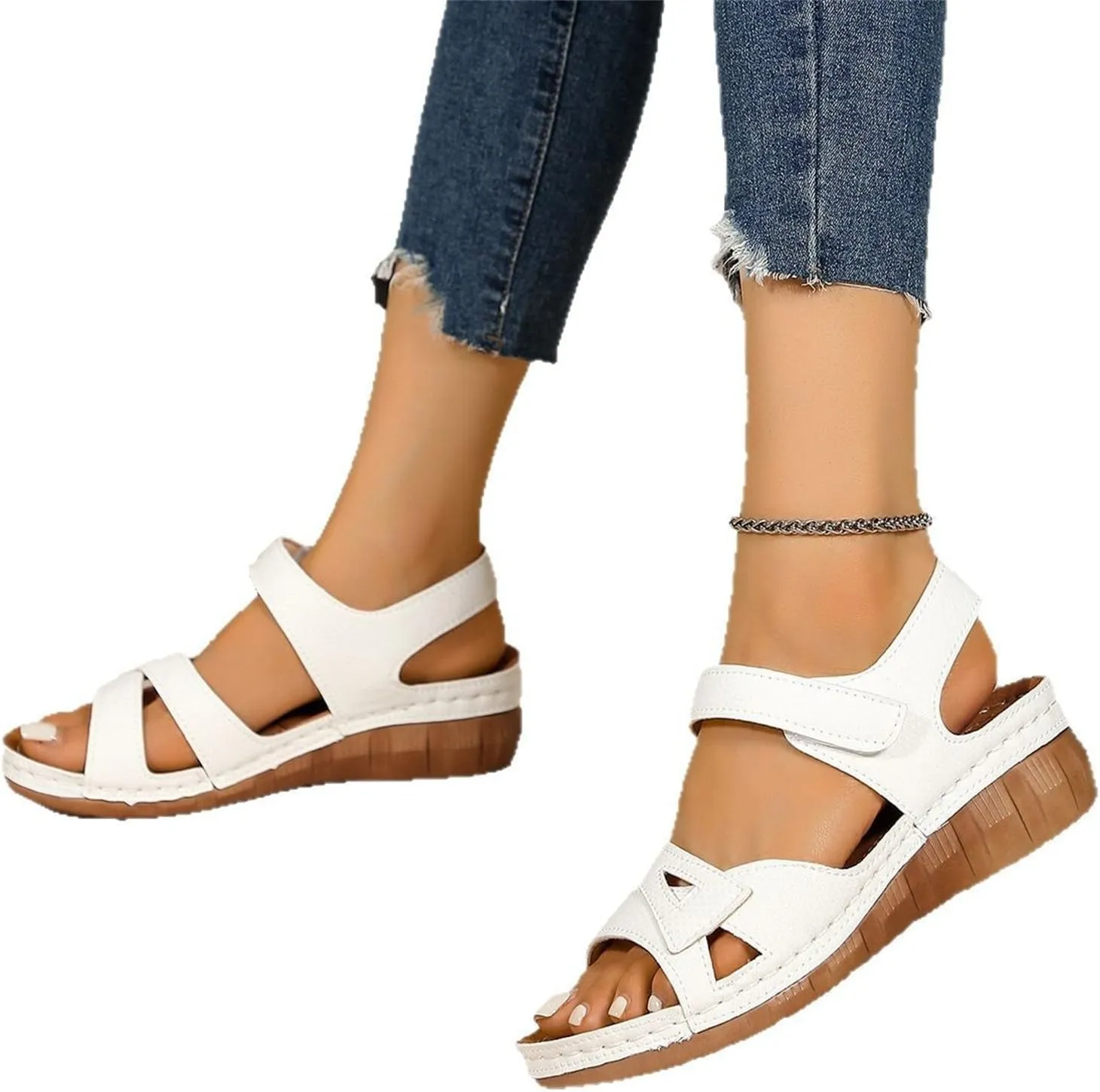 Women Comfortable Sandals Orthotic Walking Sandals Orthopedic Arch Support Sandal Slip On Low Wedge Casual Sandal Adjustable Ankle Strap Concise Casual Summer Shoes