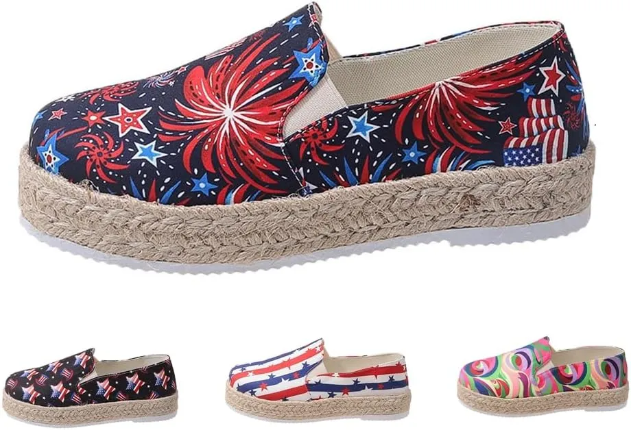 Women's 4th of July Platform SneakersFlag Print Fashion Sports ShoesFlat Casual Canvas Shoes Casual Slip On Platform Shoes