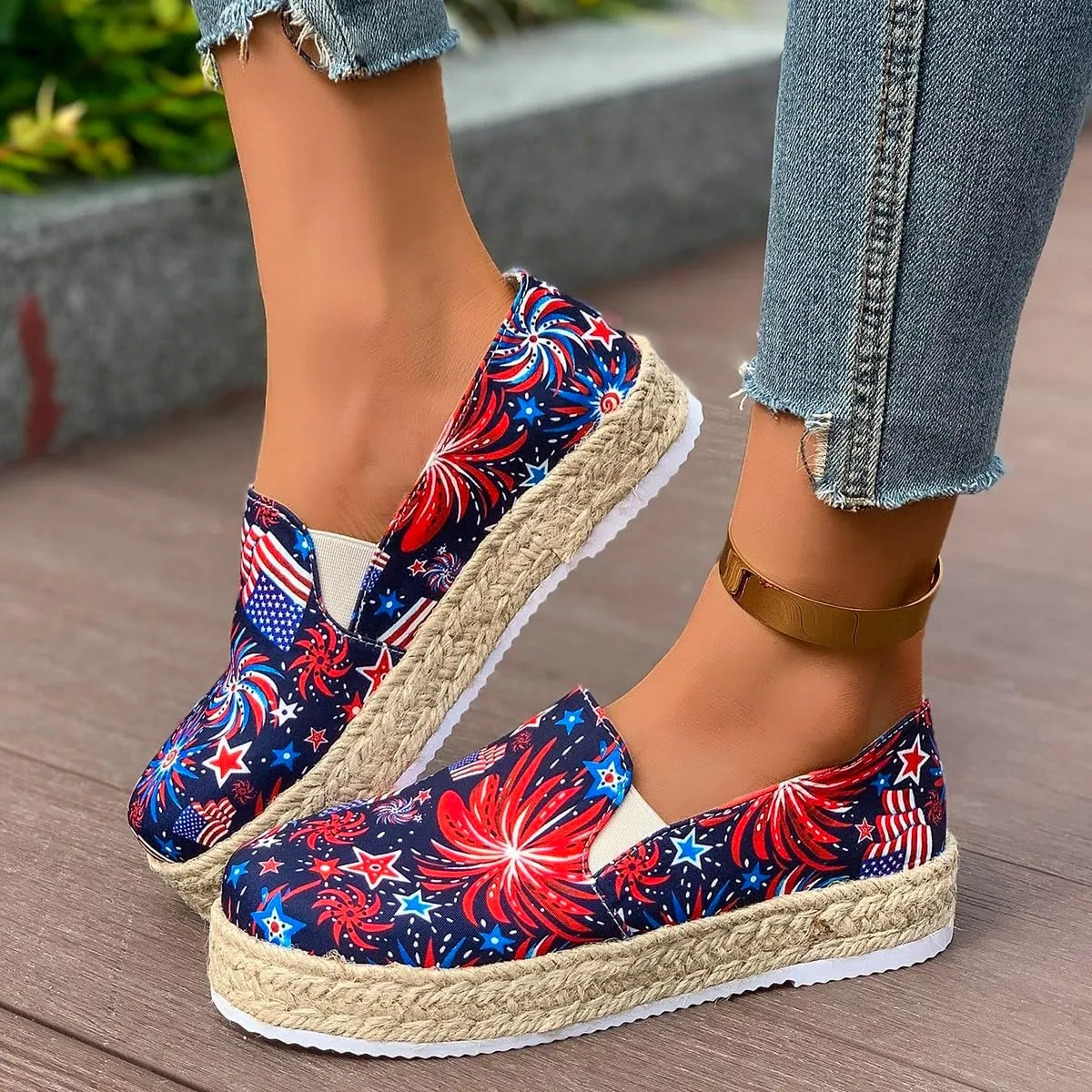 Women's 4th of July Platform SneakersFlag Print Fashion Sports ShoesFlat Casual Canvas Shoes Casual Slip On Platform Shoes