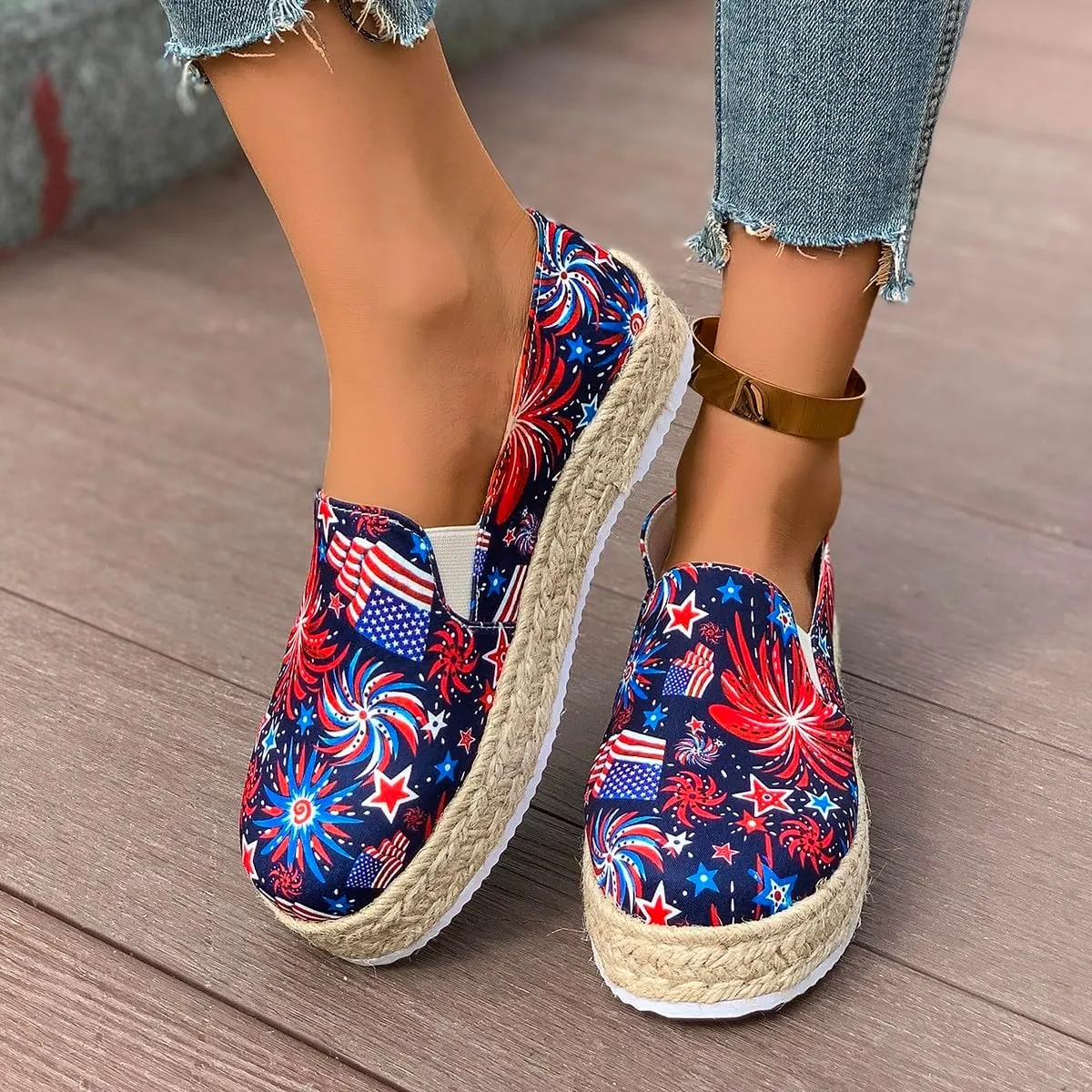 Women's 4th of July Platform SneakersFlag Print Fashion Sports ShoesFlat Casual Canvas Shoes Casual Slip On Platform Shoes