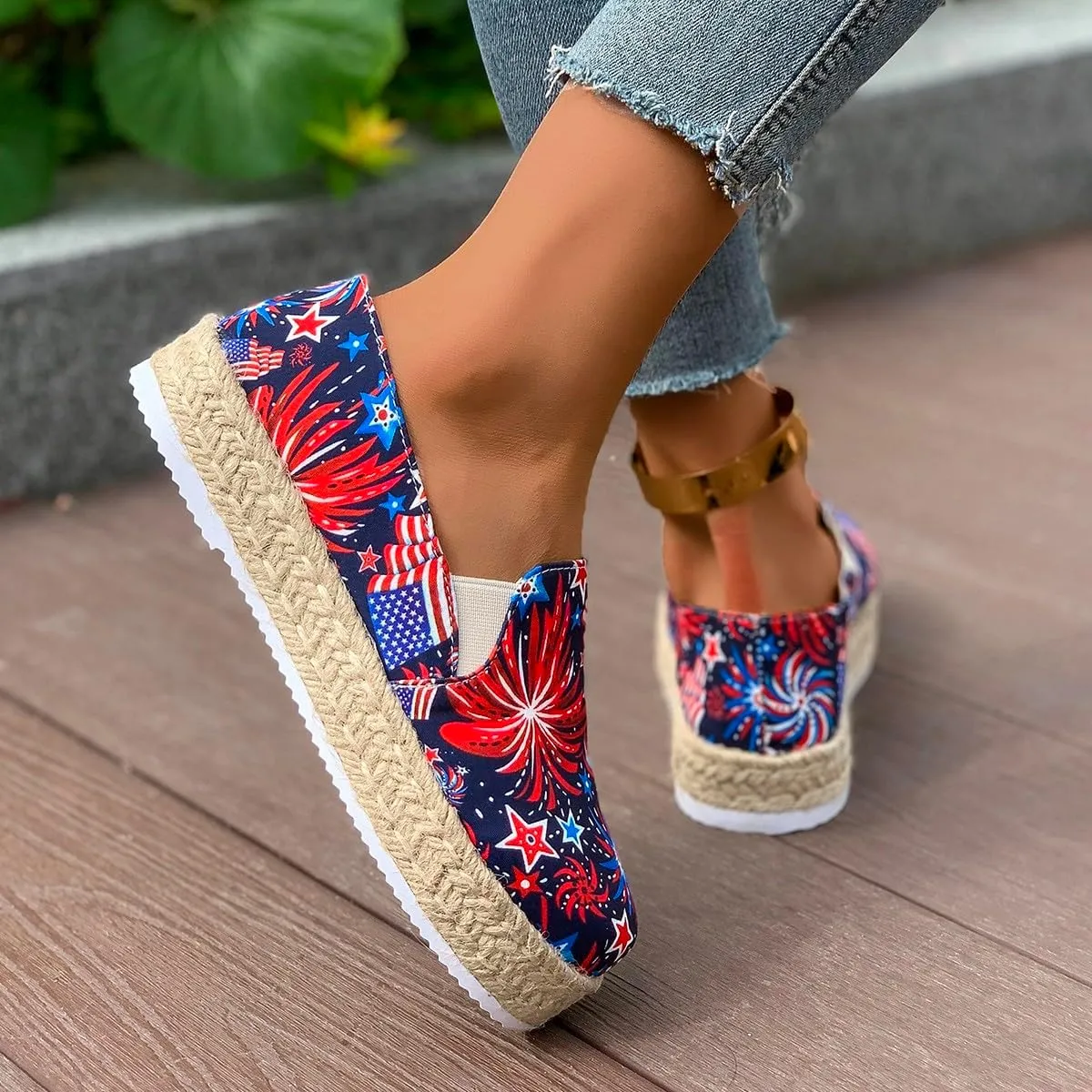 Women's 4th of July Platform SneakersFlag Print Fashion Sports ShoesFlat Casual Canvas Shoes Casual Slip On Platform Shoes