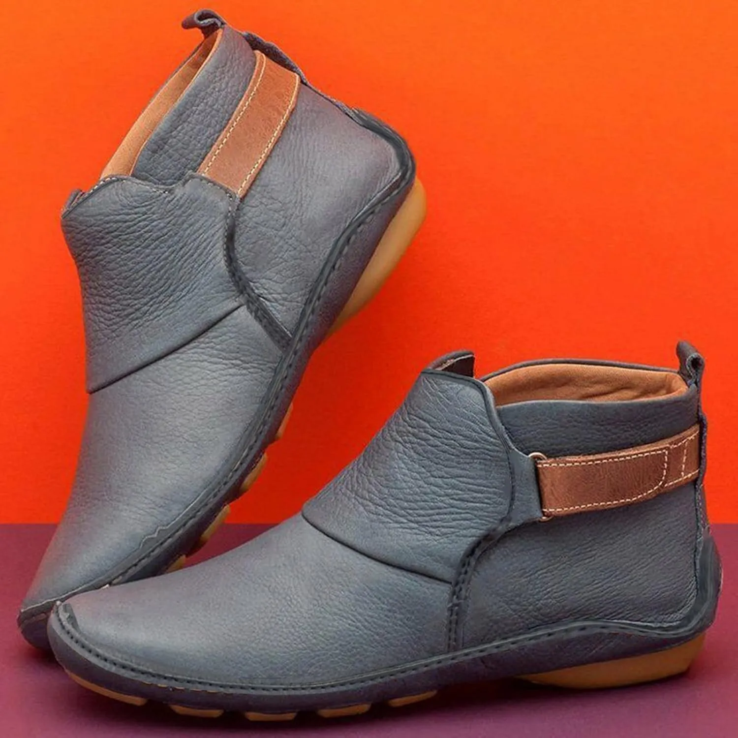Womens Ankle Boots Low Chunky Heels Comfortable Short Fall Booties Leather Resistant Round Toe Flat Slouch Boot