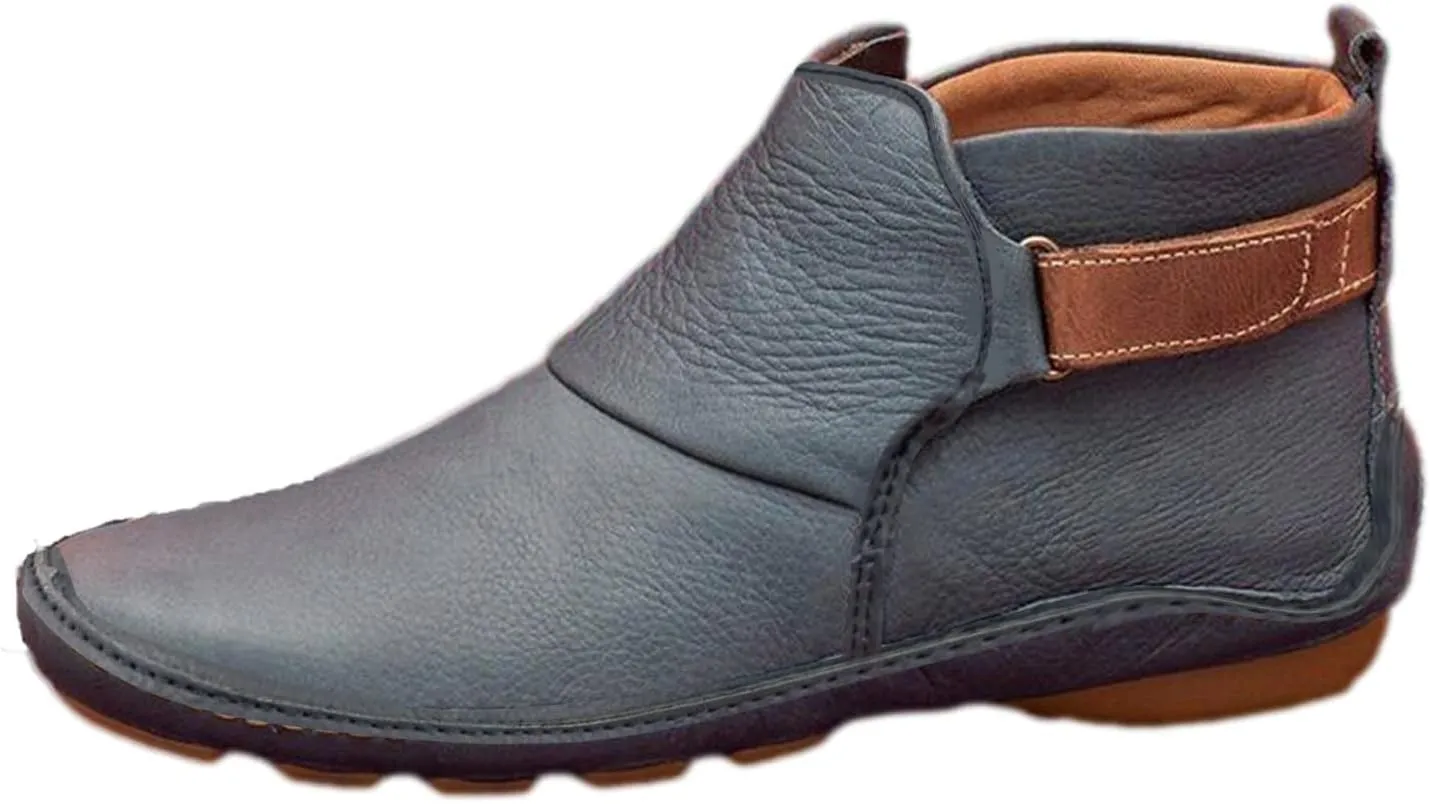 Womens Ankle Boots Low Chunky Heels Comfortable Short Fall Booties Leather Resistant Round Toe Flat Slouch Boot