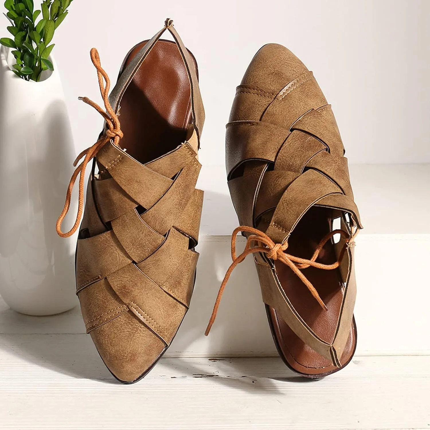 Womens Casual Hollow Slides Sandals Vintage Cross Straps Lace up Leather Woven Back Low Heel Roman Sandals Summer Comfy Casual Slingback Shoes