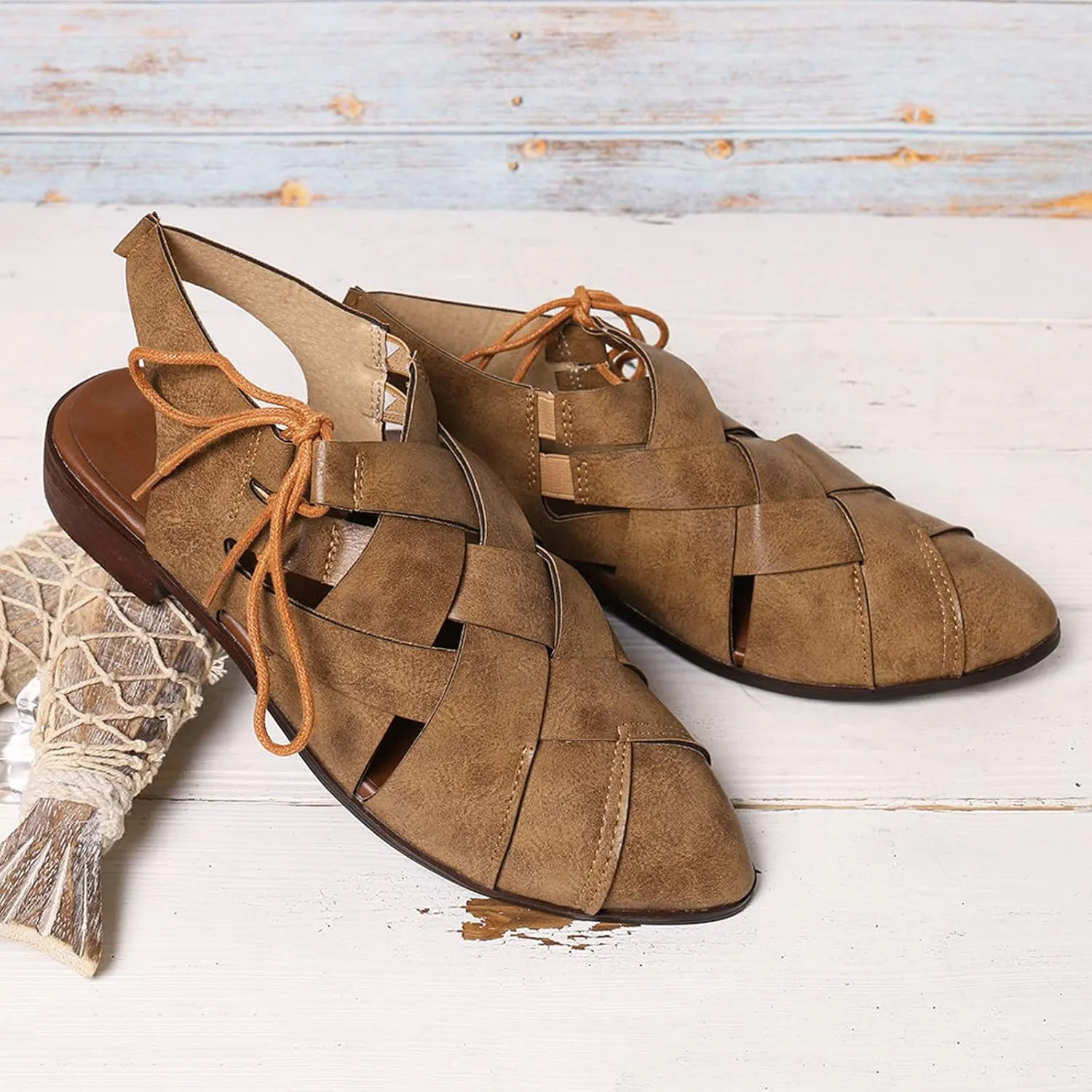 Womens Casual Hollow Slides Sandals Vintage Cross Straps Lace up Leather Woven Back Low Heel Roman Sandals Summer Comfy Casual Slingback Shoes