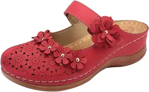 Womens Closed Toe Wedge Sandals Casual Summer Studded Flowers Hollow Hook&Loop Buckle Sandals Summer Cute Comfortable Outdoor Soft Sole Shoes