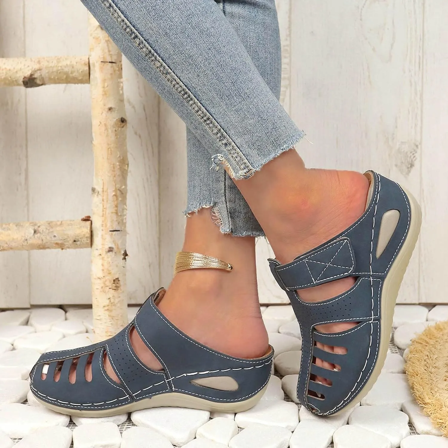 Women's Dressy Casual Black Wedge Sandals for Women, Flat, Open Toe, Slip On, Waterproof, Polyester, Faux Leather, Casual, Wedge Sandals