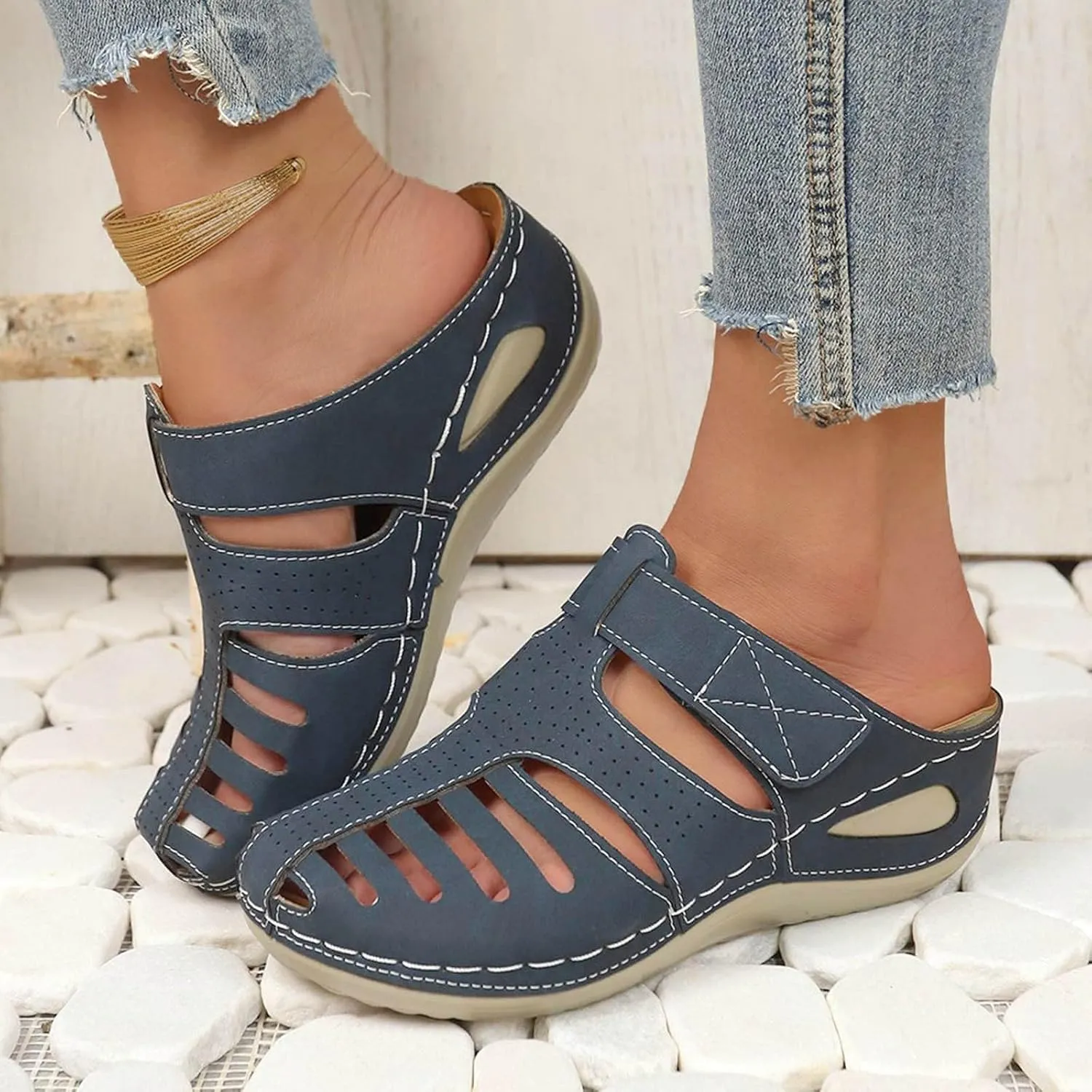 Women's Dressy Casual Black Wedge Sandals for Women, Flat, Open Toe, Slip On, Waterproof, Polyester, Faux Leather, Casual, Wedge Sandals