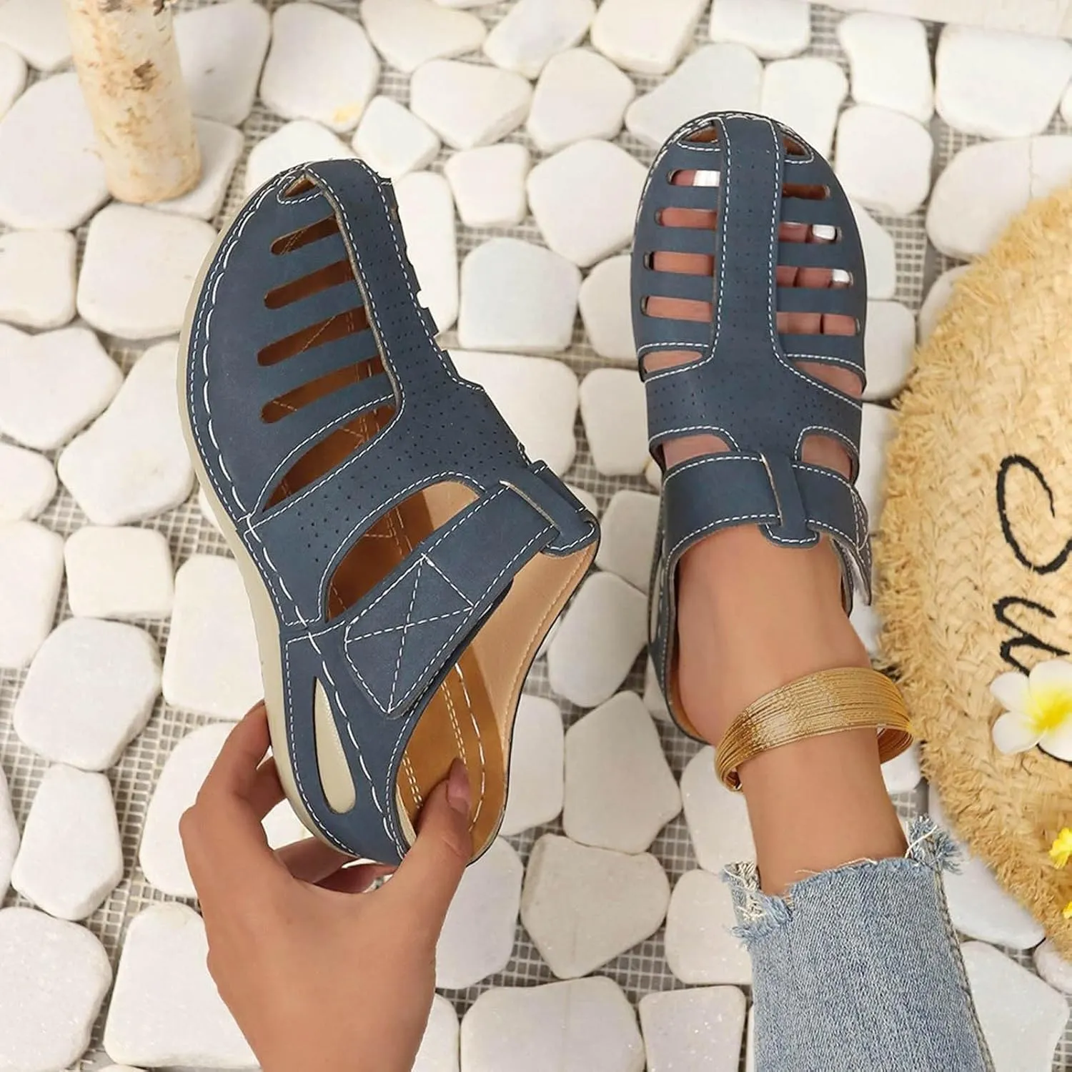 Women's Dressy Casual Black Wedge Sandals for Women, Flat, Open Toe, Slip On, Waterproof, Polyester, Faux Leather, Casual, Wedge Sandals