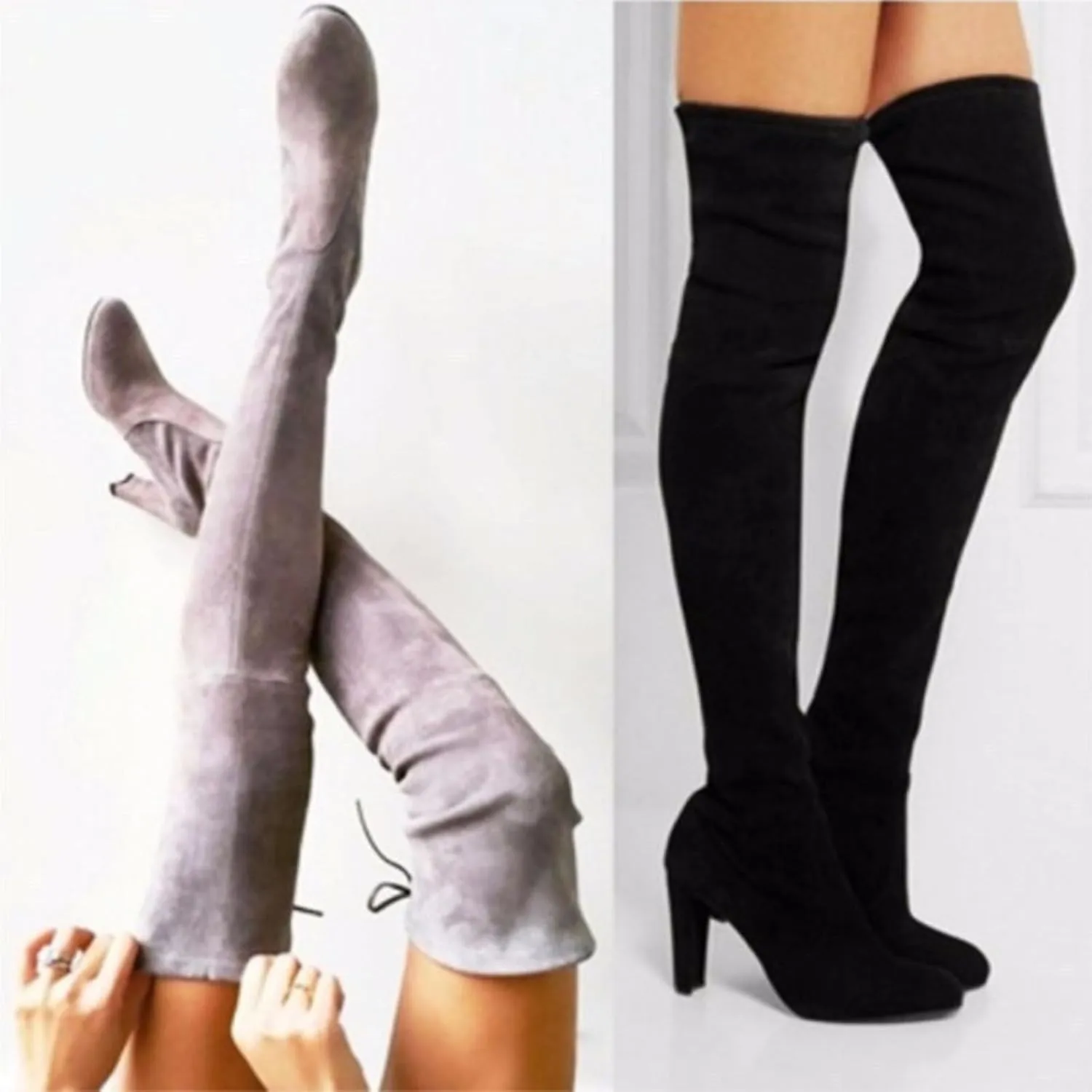 Womens Knee High Boots Thigh High Suede Block Boots Winter Dress Tall Boots Round Toe Zipper Long Boots